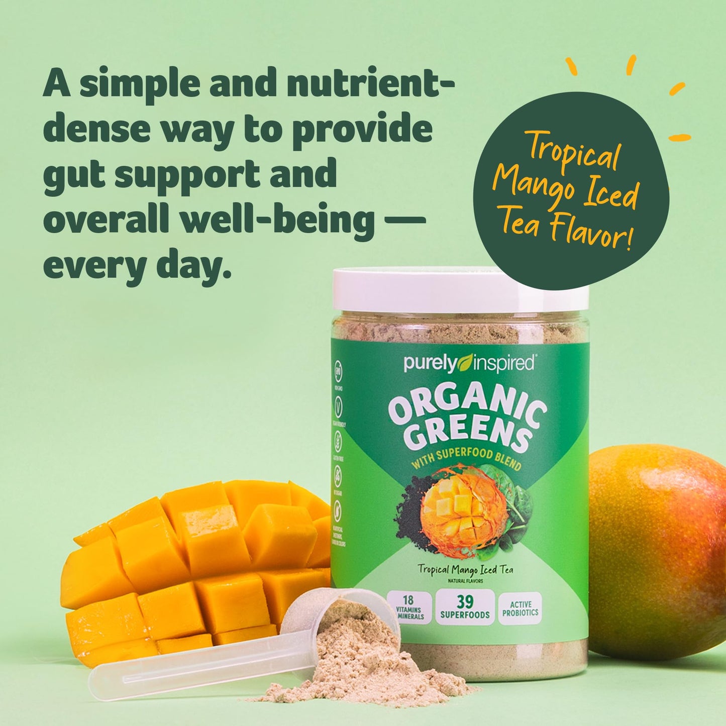 Purely Inspired Organic Green Powder Smoothie Mix, Tropical Mango Iced Tea Flavor (30 Servings) - Probiotics For Digestive Healt