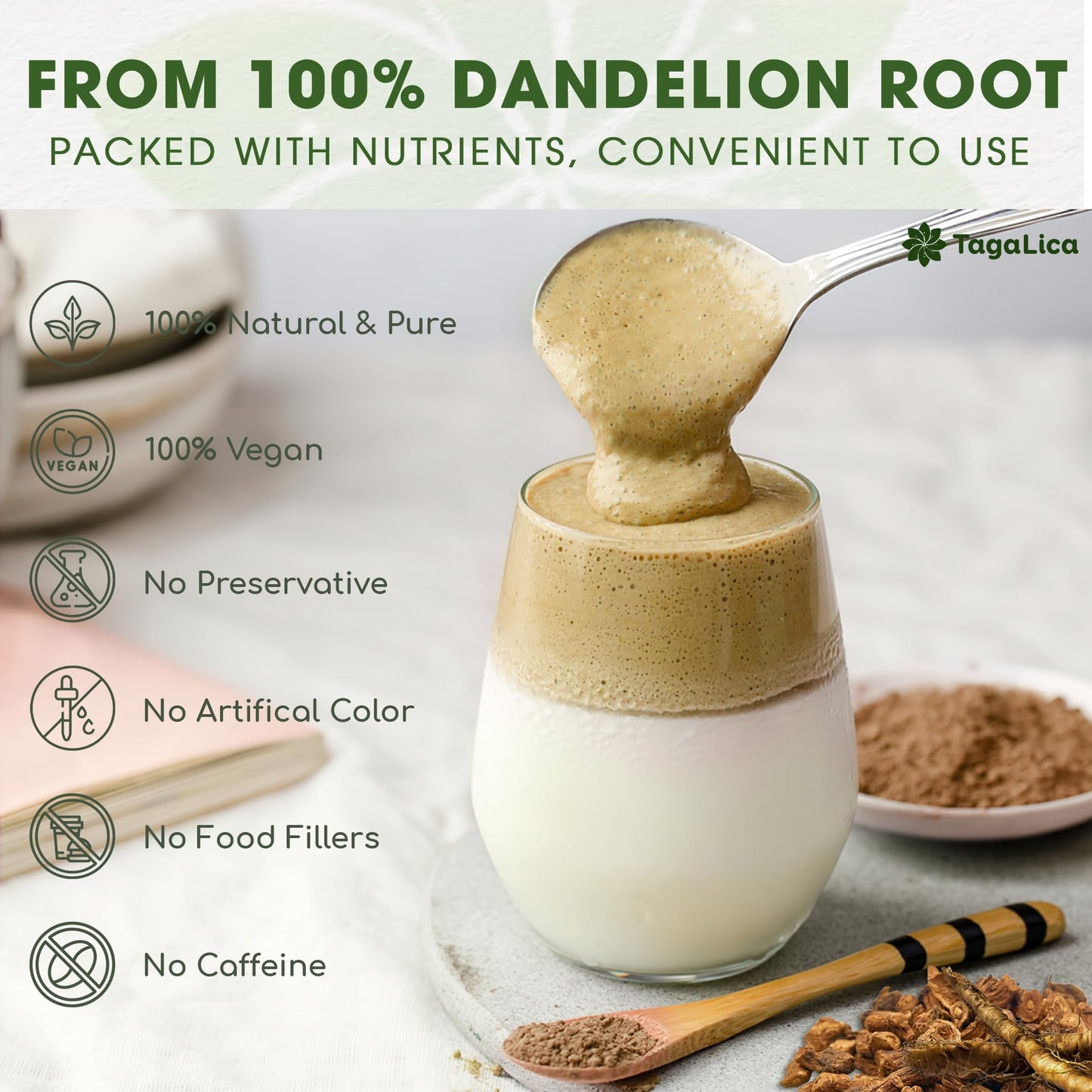 Tagalica Dandelion Root Powder, 100% Natural, Vegan, 2 oz, No Additives, Gluten-Free, Sugar-Free