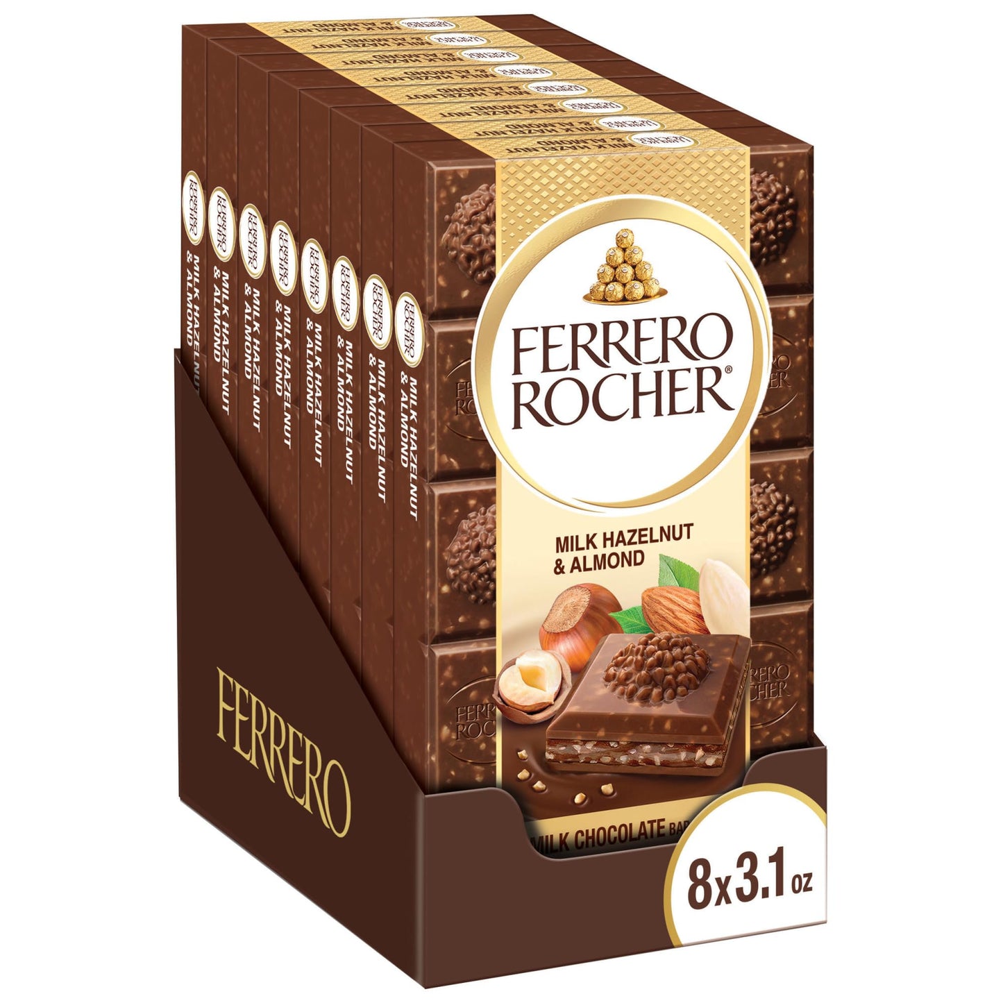 Ferrero Rocher Premium Chocolate Bars, 8 Pack, Milk Chocolate Hazelnut & Almond, Luxury Chocolate, Individually Wrapped Holiday Treats, 3.1 Oz Each