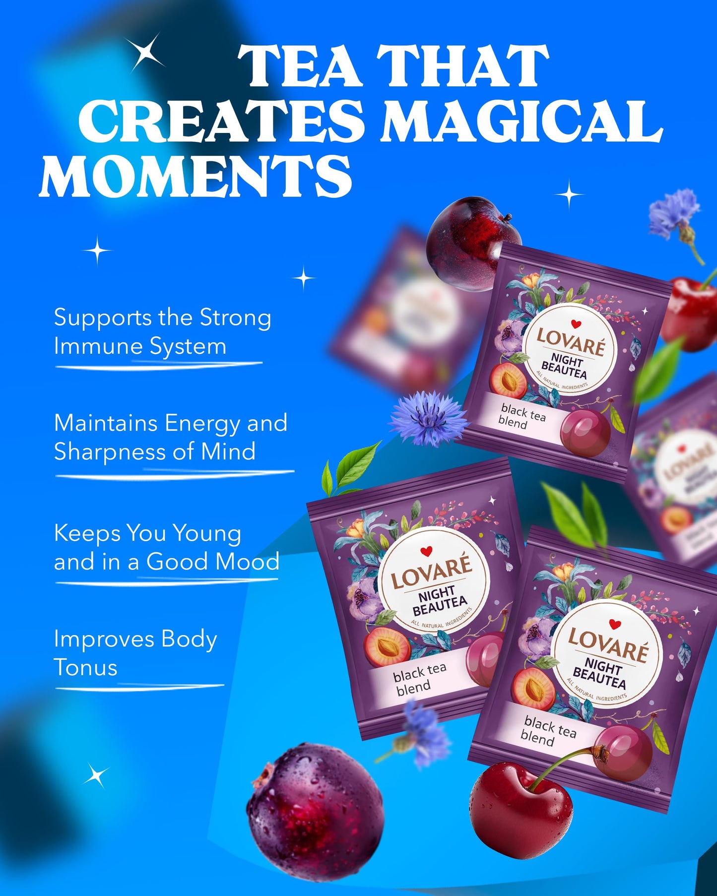 Lovare Night Beautea Tea Bags 48 G - Made In Ukraine - Ceylon Black Tea, Cherry Berries, Cornflower Petals, Royal Pomegranate Pl