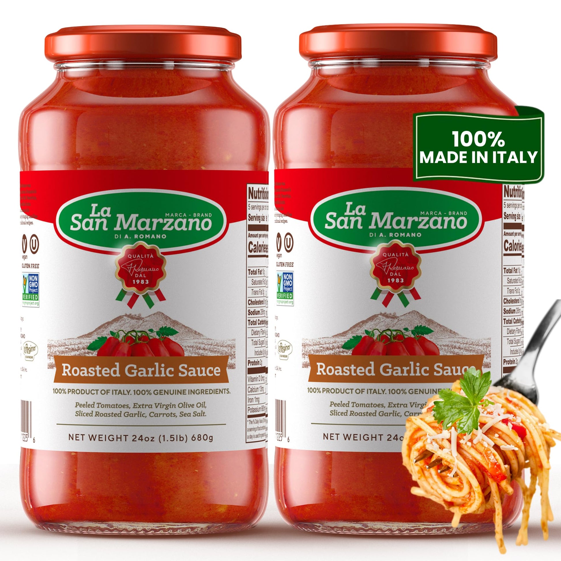 La San Marzano Roasted Garlic Pasta Sauce, All Natural, Non-GMO, Vegan, Gluten Free, 24 oz, Pack of 2