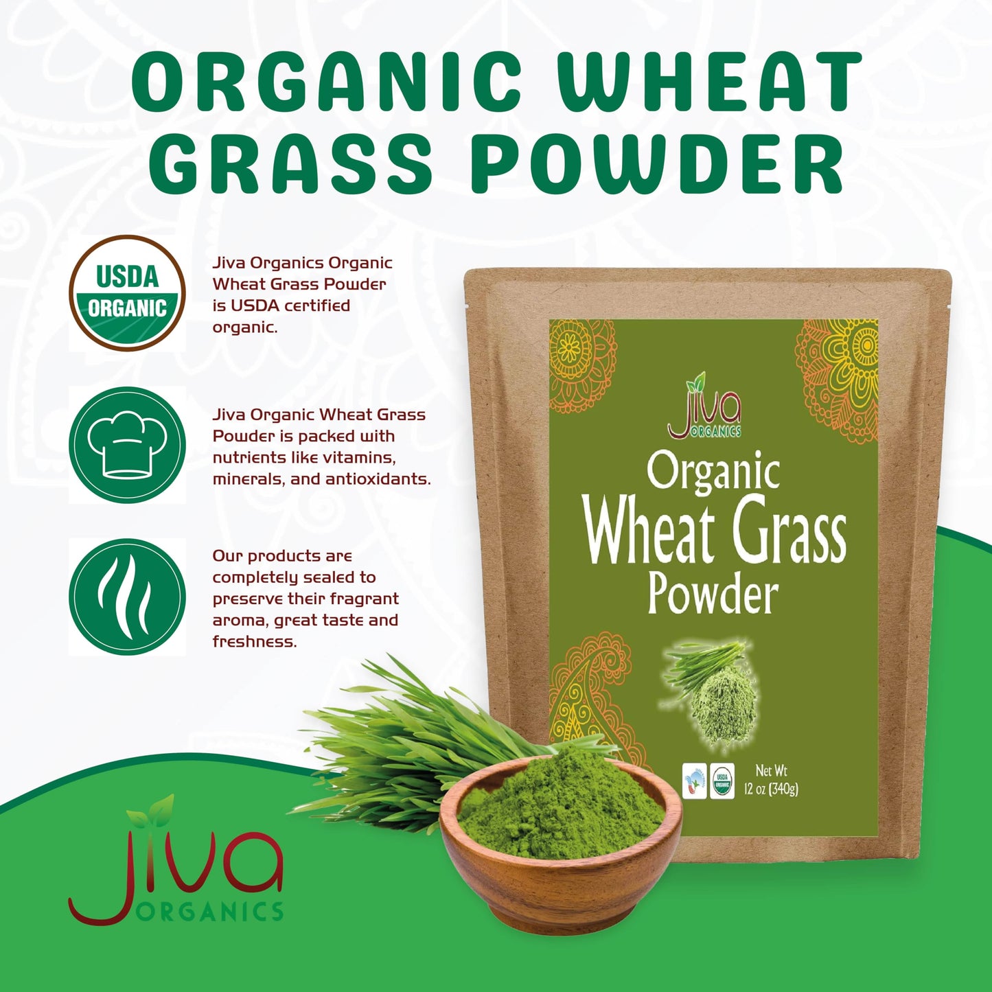 Jiva Organics Wheatgrass Juice Powder - Non-GMO, Vegan, 12 Ounce Bulk Kraft Bag