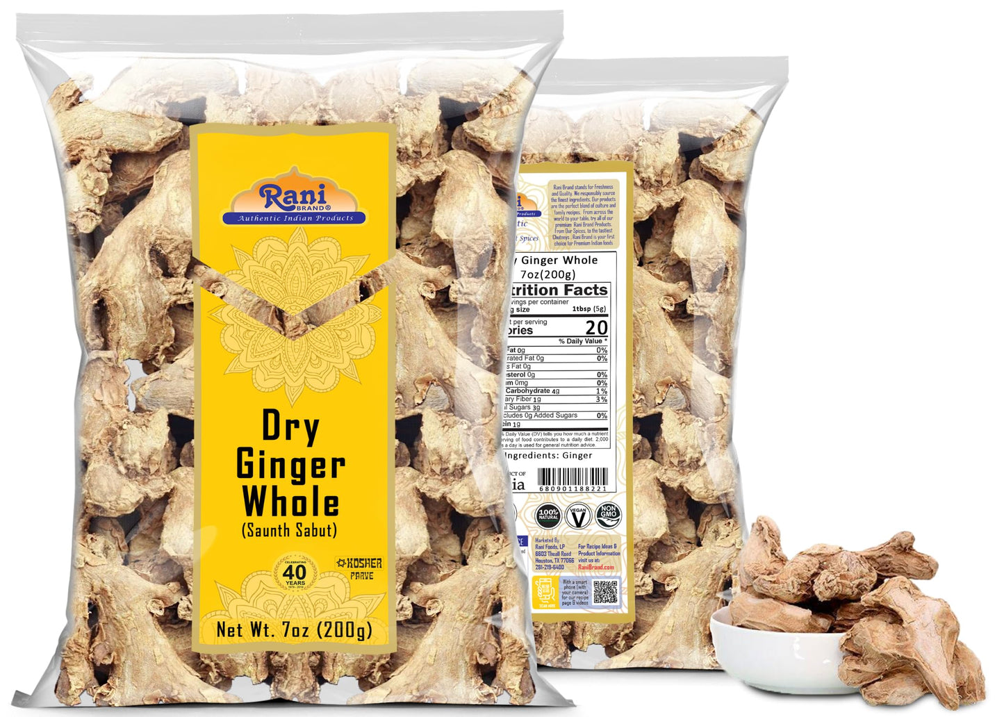 Rani Ginger (Adarak Sabut) Whole, Spice 7Oz (200G) ~ All Natural | Vegan | Gluten Friendly | Non-Gmo | Kosher | Indian Origin