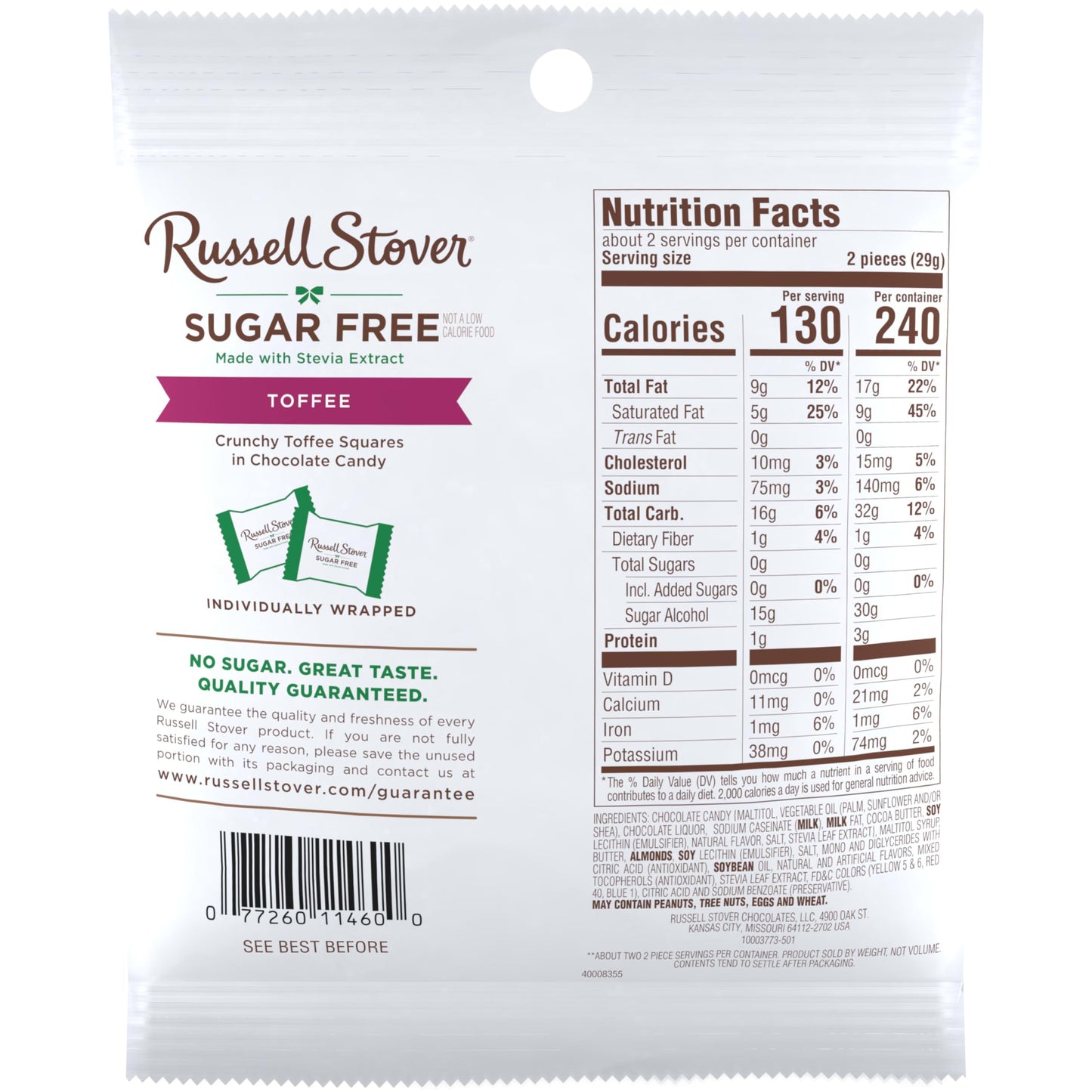 RUSSELL STOVER Sugar Free Toffee Squares in Chocolate Candy, 2 oz. bag (Pack of 10)