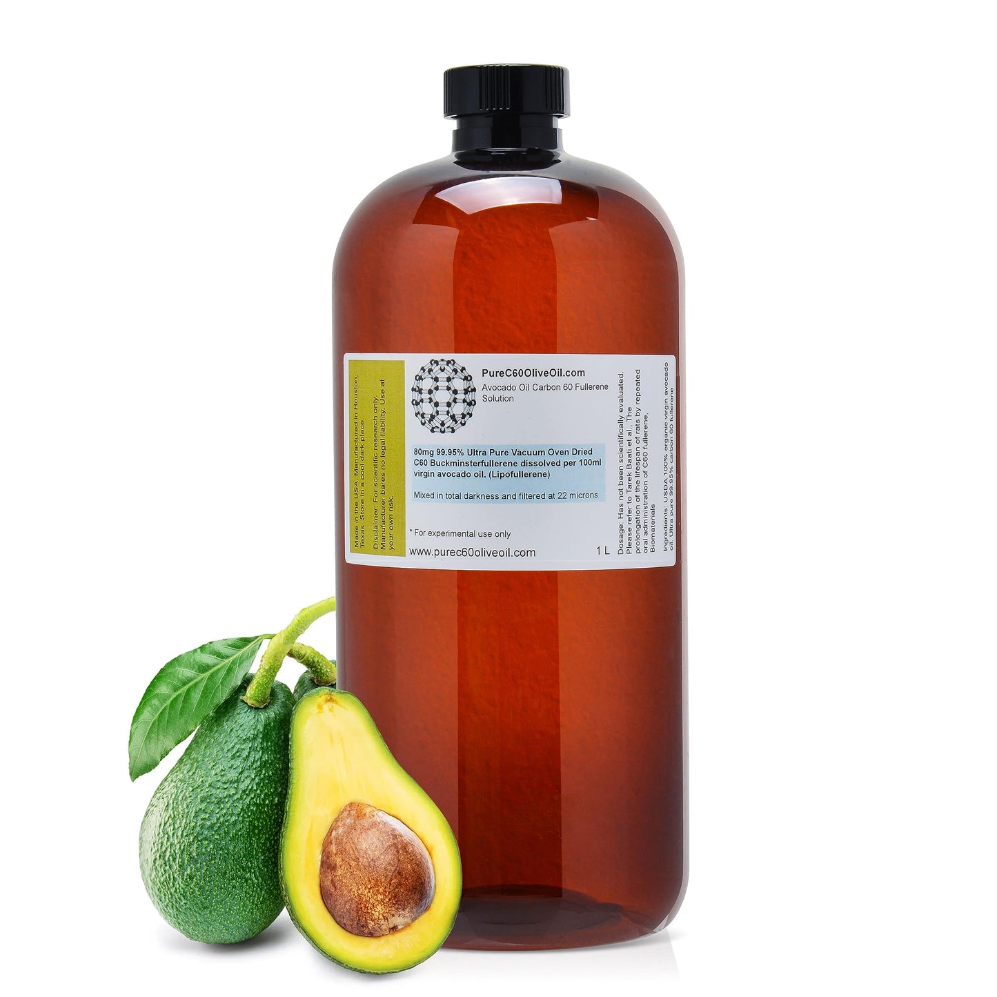 PureC60OliveOil Organic Avocado Oil - 99.95% Carbon 60, 800mg, Food Grade, 33.8 Fl Oz, Amber Glass Bottle