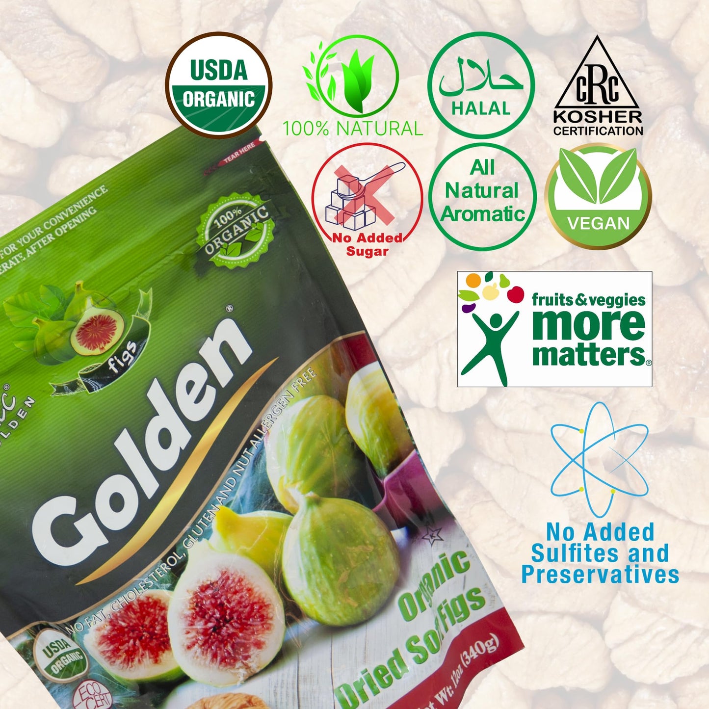 Golden Organic Soft Dried Figs - 12 Oz (340 G), Great Source Of Fruit Snack For Adults And Kids, Completely Free From Nuts, Glut