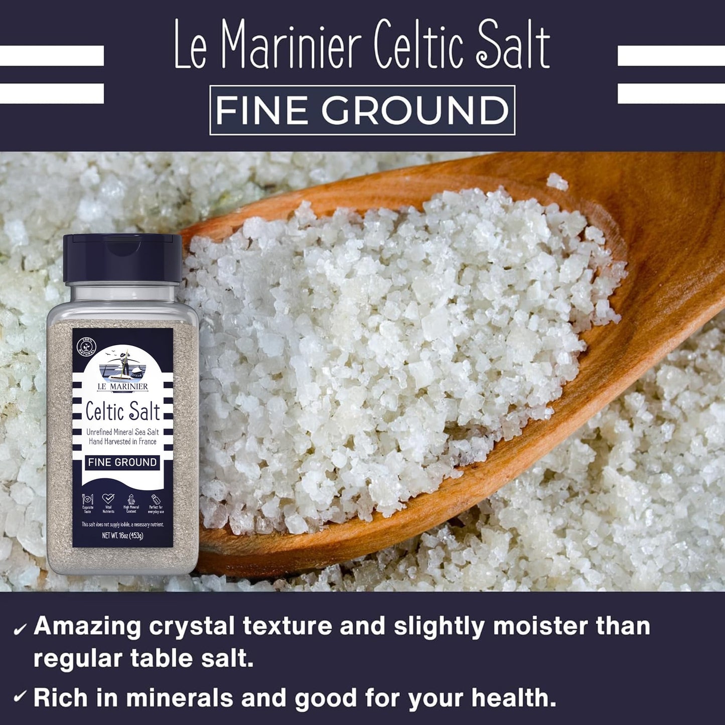 Le Marinier Celtic Salt Organic Fine Ground, 1 lb - 16oz. Mineral Rich 100% Natural and Unrefined. Refillable Salt Shaker. Frenc