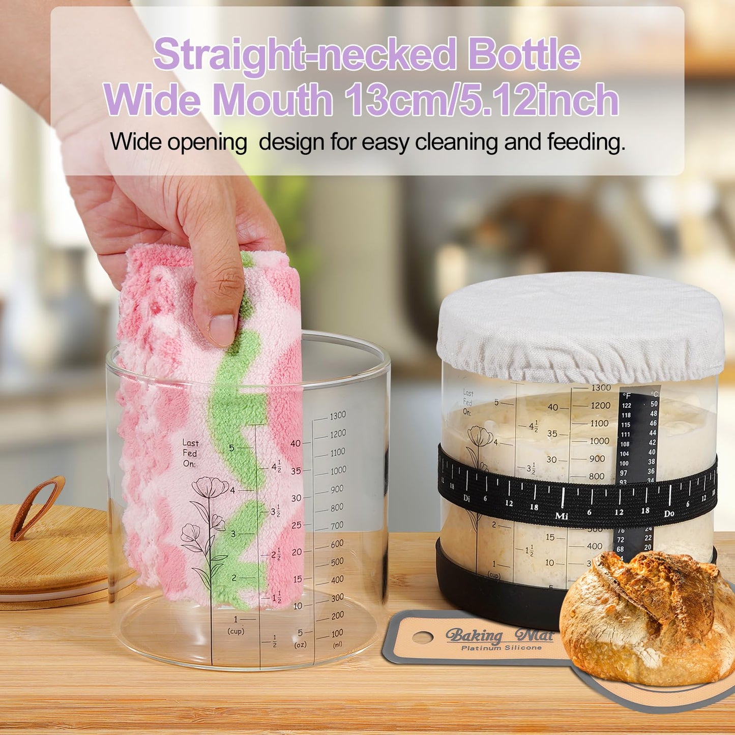 Large Sourdough Starter Jar, Wide Mouth Bread Starter Kit with Ounce&ML Scale Line,Marked Feeding Band, Thermometer, Scraper, Me