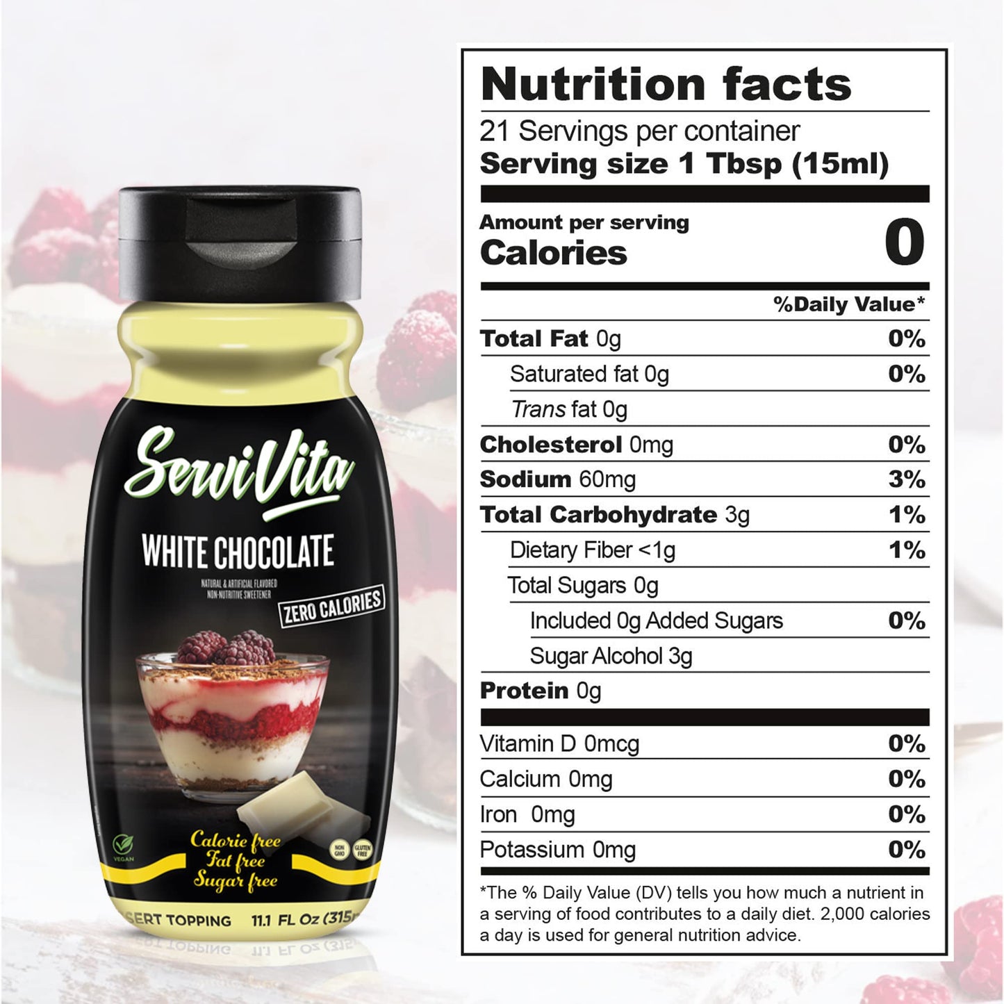 Sugar Free WHITE CHOCOLATE Syrup Zero Calories and Fat Free Topping, 11.1 FL OZ - No Sugar White Chocolate Syrup Dessert Topping