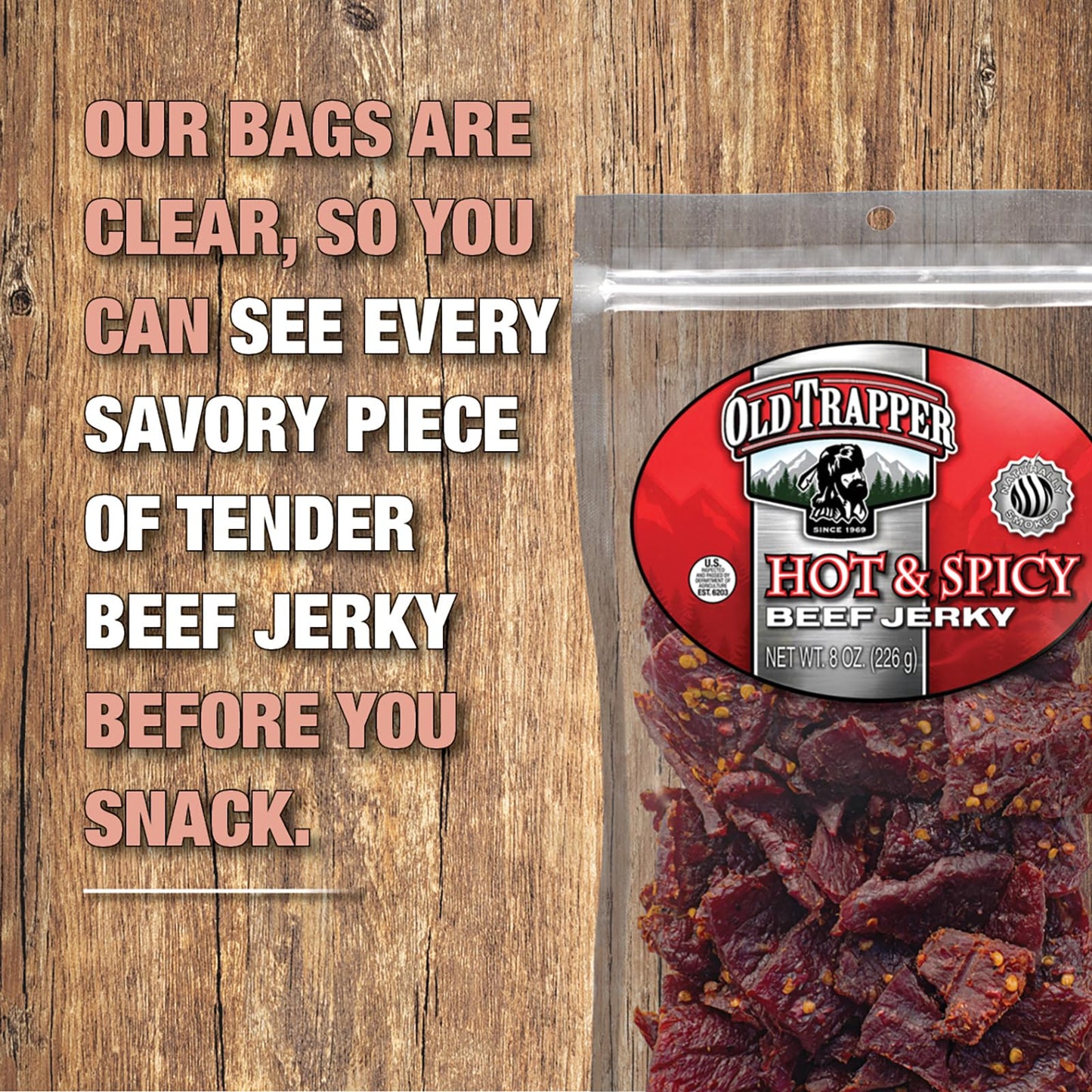 Old Trapper Beef Jerky, Hot & Spicy, 8 Ounce Pack, 11g Protein, Tender Meat Snacks
