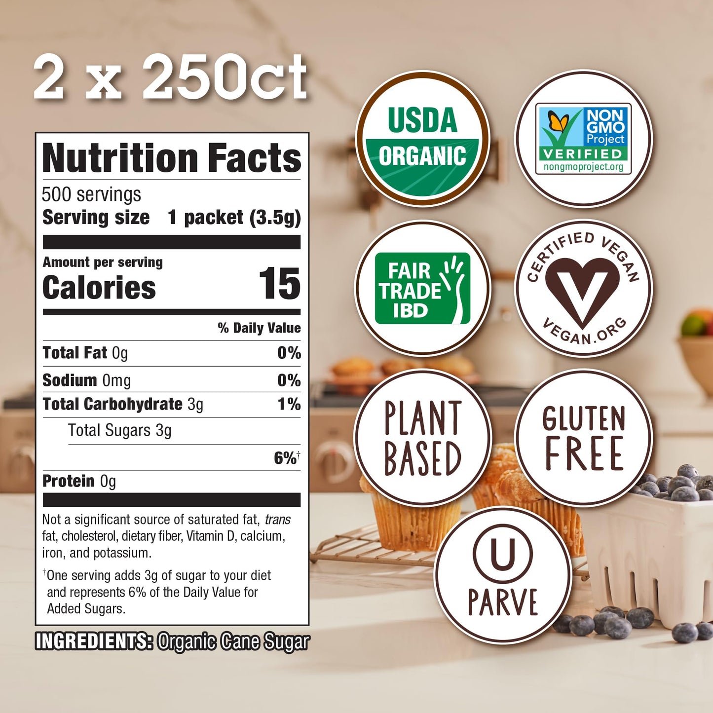 Sugar In The Raw Organic Granulated White enhanced Cane Sugar  No Added Flavors or erythritol  Pure Natural Sweetener  Hot & Cold Drinks  Coffee  Tea  Vegan  Gluten-Free  Non-GMO  Bulk Sugar  250 ct packets (2-Pack)