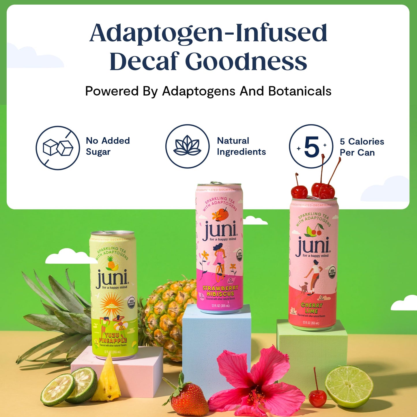JUNI Sparkling Adaptogen Drink - Ashwagandha, Lion’s Mane, Reishi - Cherry Lime, 12 Fl Oz (Pack of 12), Zero Sugar, Decaffeinated