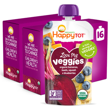 Happy Tot Organics Stage 4 Baby Food Pouches, Gluten Free, Vegan Snack, Love My Veggies, Fruit & Veggie Puree, Banana, Beet, Squ