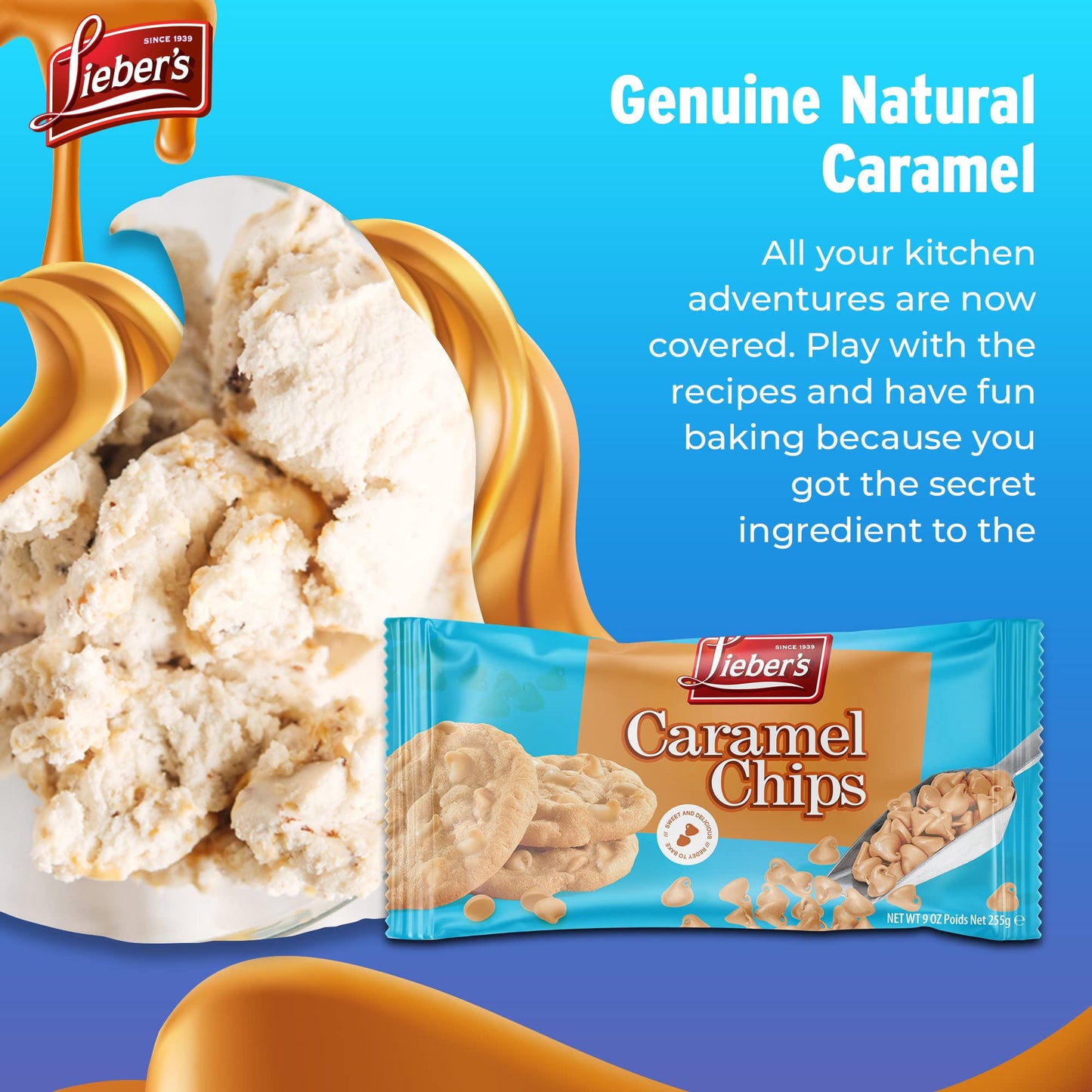 Liebers Real Caramel Chips, Baking Chips, Certified Kosher, 9 Oz Pack of 3