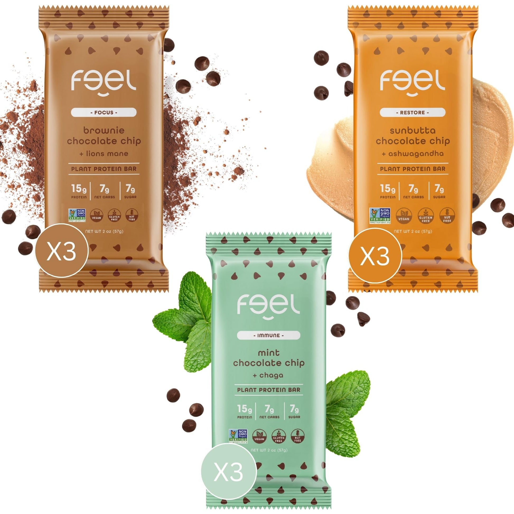 Feel Vegan Protein Bars | Chocolate Lovers | Keto | Gluten Free | Organic | Lions Mane | Chaga | Ashwagandha | 15G Protein | Low Sugar | Non Gmo | Sunbutta + Brownie + Mint - 9 Pack