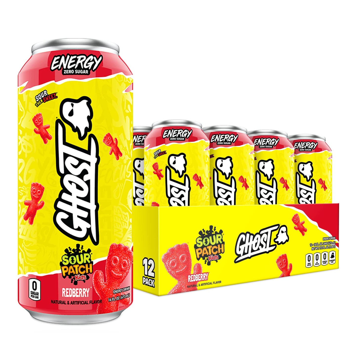 GHOST Energy Drink - 12-Pack  Sour Patch Kids Redberry  16oz - Energy & Focus & No Artificial Colors - 200mg of Natural Caffeine  L-Carnitine & Taurine - Gluten-Free & Vegan