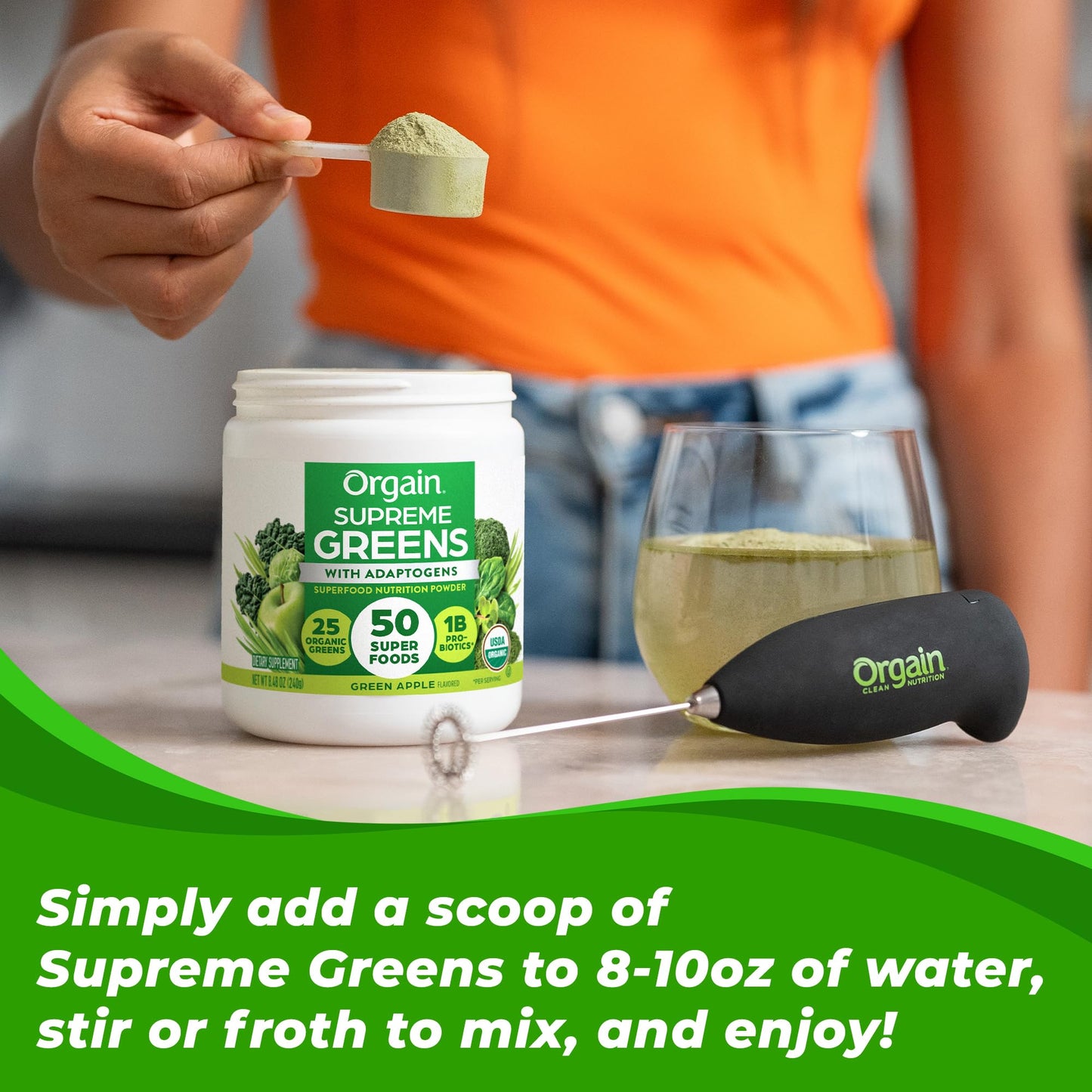 Orgain Supreme Greens Powder, 25 Organic Greens, 50 Superfoods, Vegan, 8.48 Ounce, Green Apple Flavor