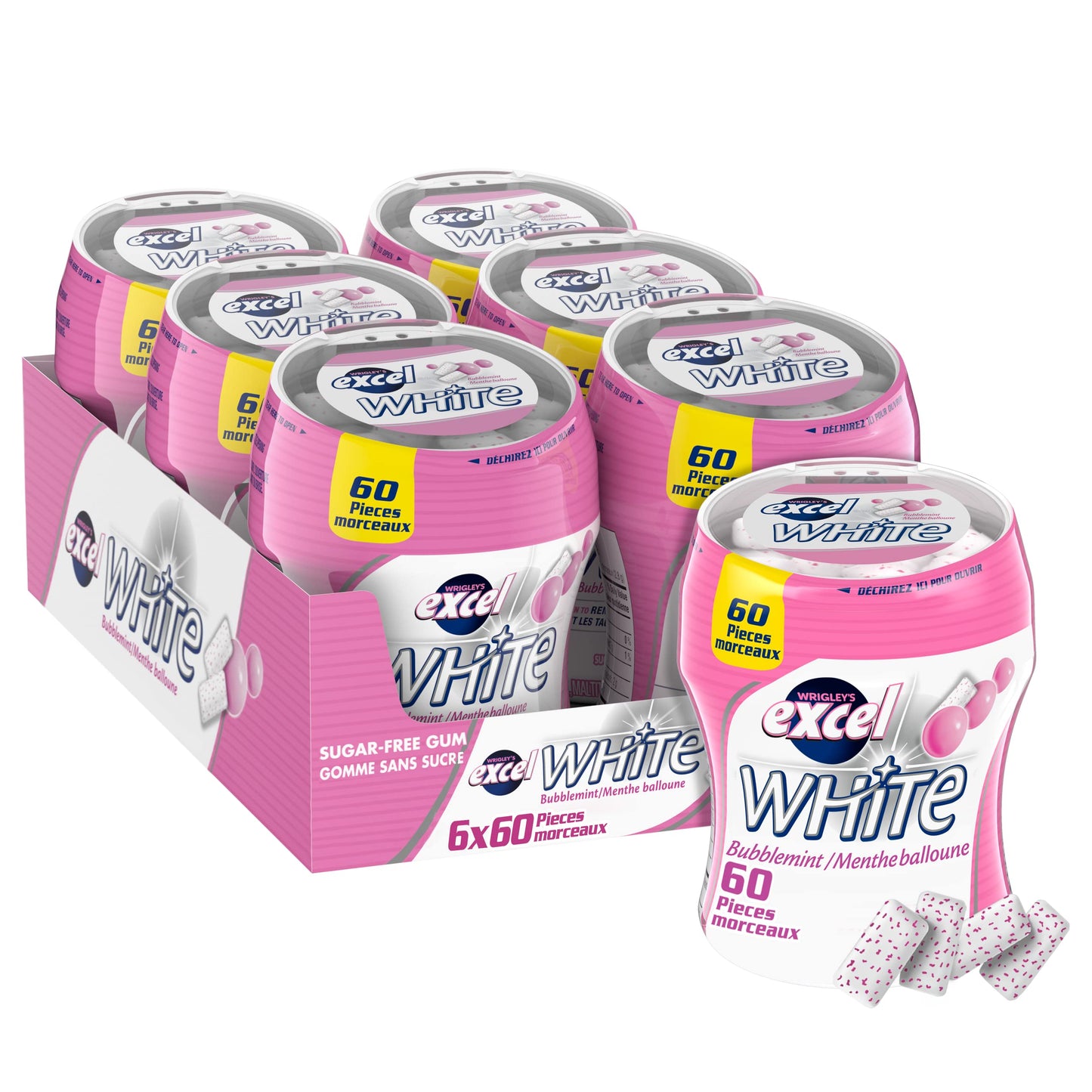 Excel Sugar-Free Gum, Bubblemint Flavor, 60 Pieces, White, Model 92075, 6 Count Bottle
