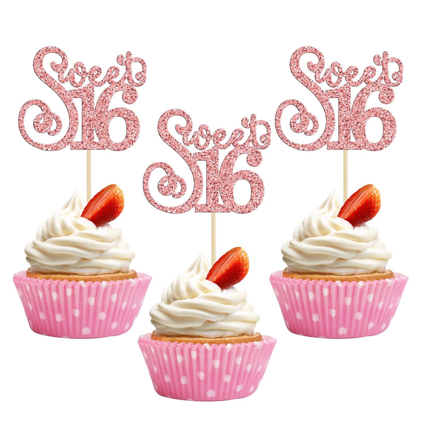 Gyufise 24 Pack Cupcake Toppers Glitter Sixteen Happy 16th Birthday Decorations Rose Gold Model ZN0475-4-RG