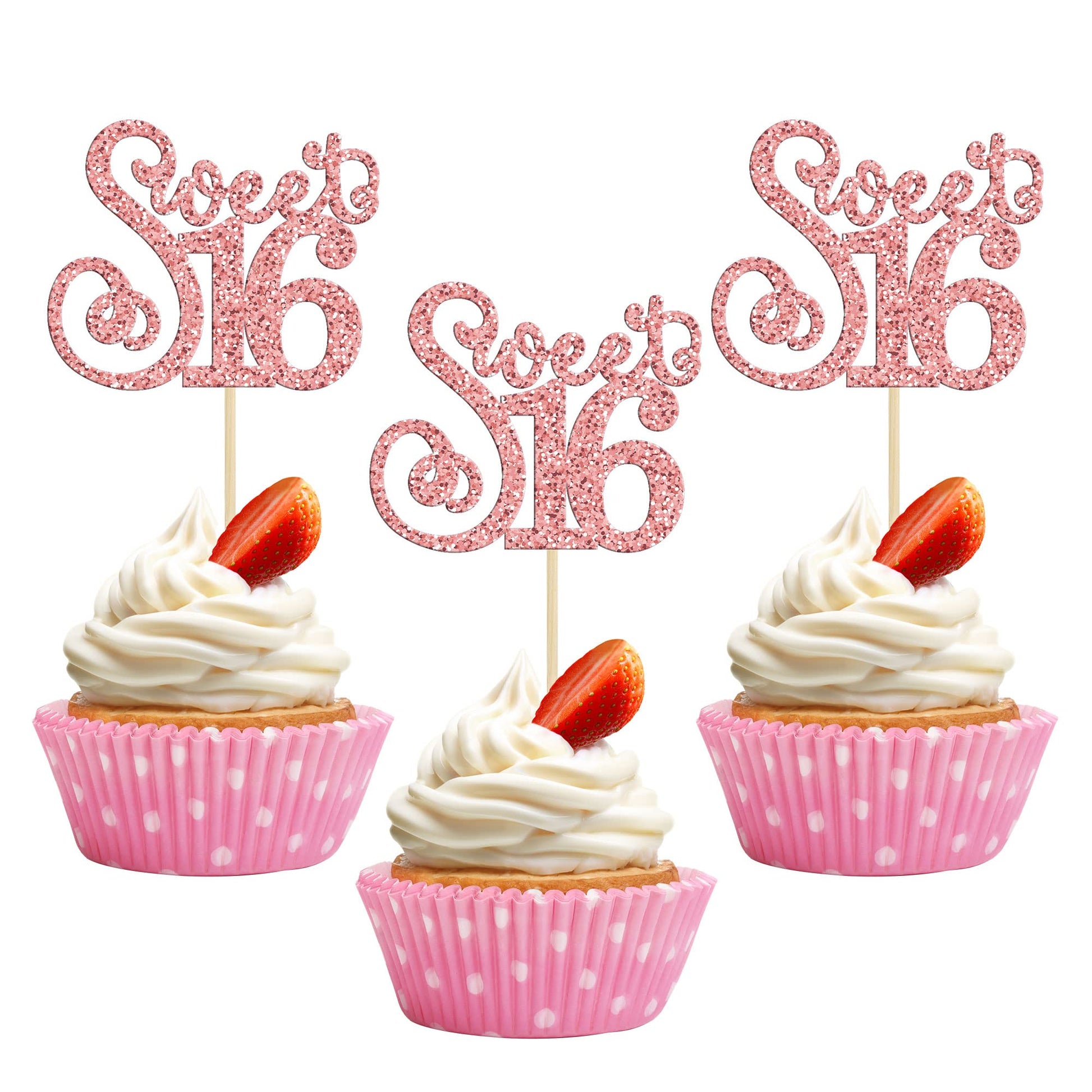 Gyufise 24 Pack Cupcake Toppers Glitter Sixteen Happy 16th Birthday Decorations Rose Gold Model ZN0475-4-RG