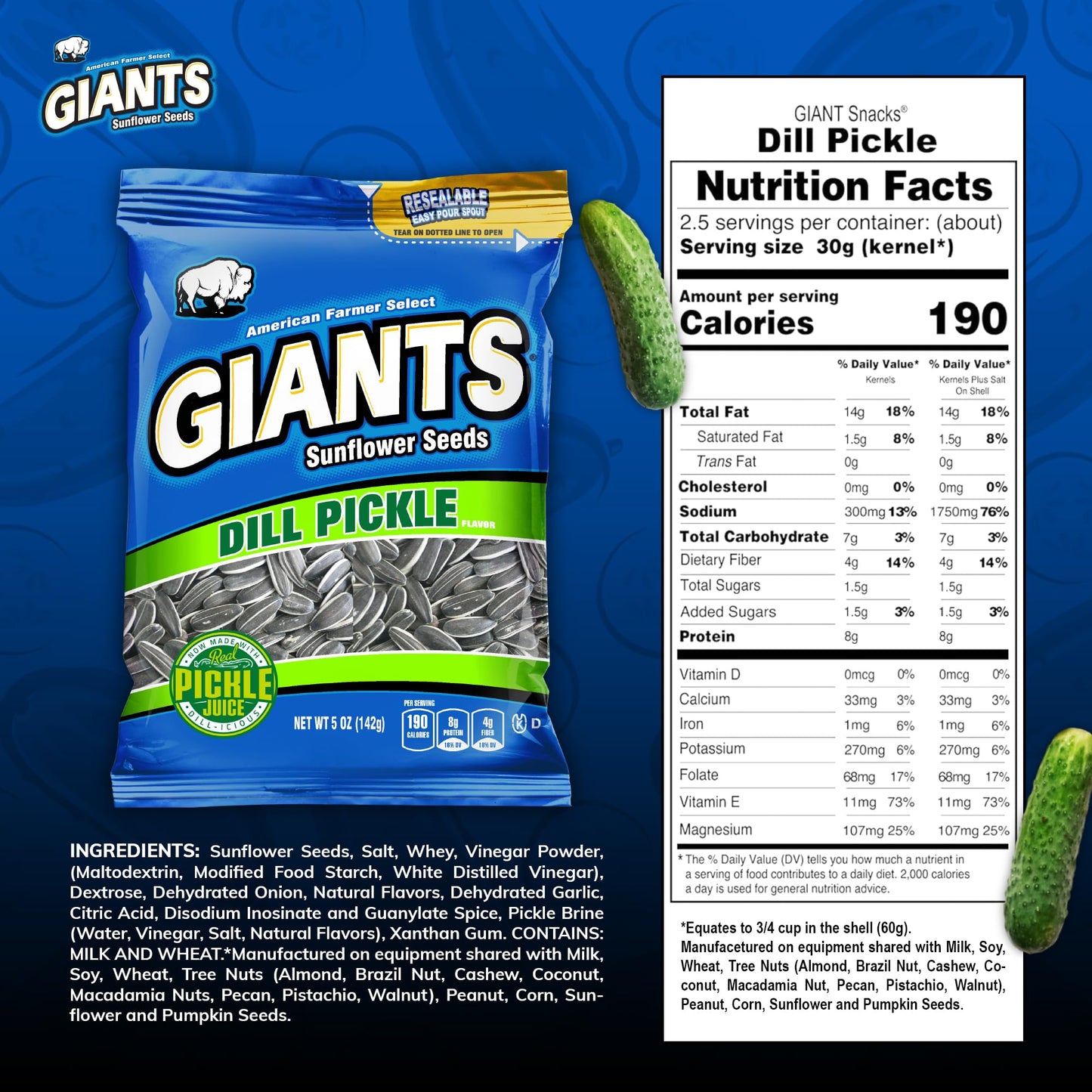 Giants Dill Pickle Sunflower Seeds - Sunflower Seeds Bulk, Big Sunflower Seeds To Eat, Roasted & Salted Sunflower Seeds For Eati