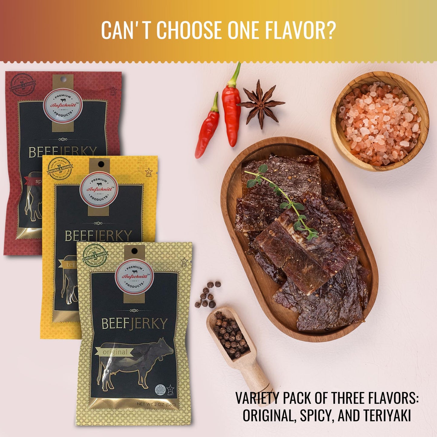 Premium Aufschnitt Beef Jerky - Grass Fed, Low Sodium, Keto Friendly - 3 Pack Variety