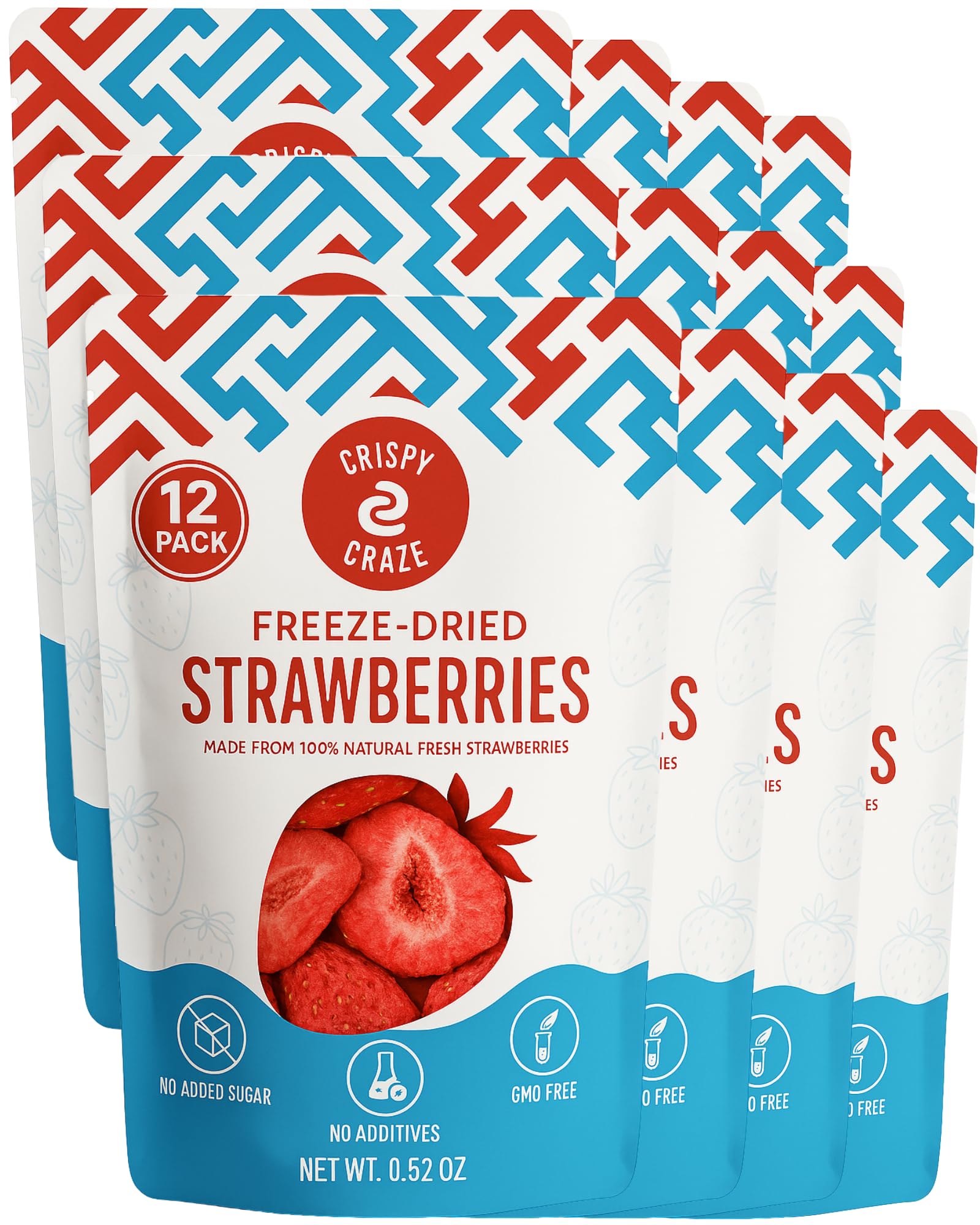 Crispy Craze Freeze Dried Strawberries (12 Snack Sized Bags, 0.5 oz Each), Sliced Strawberry Fruit Crisps, Non GMO, Healthy Snac