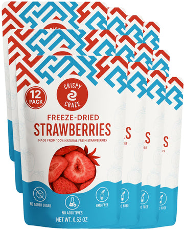 Crispy Craze Freeze Dried Strawberries (12 Snack Sized Bags, 0.5 oz Each), Sliced Strawberry Fruit Crisps, Non GMO, Healthy Snac