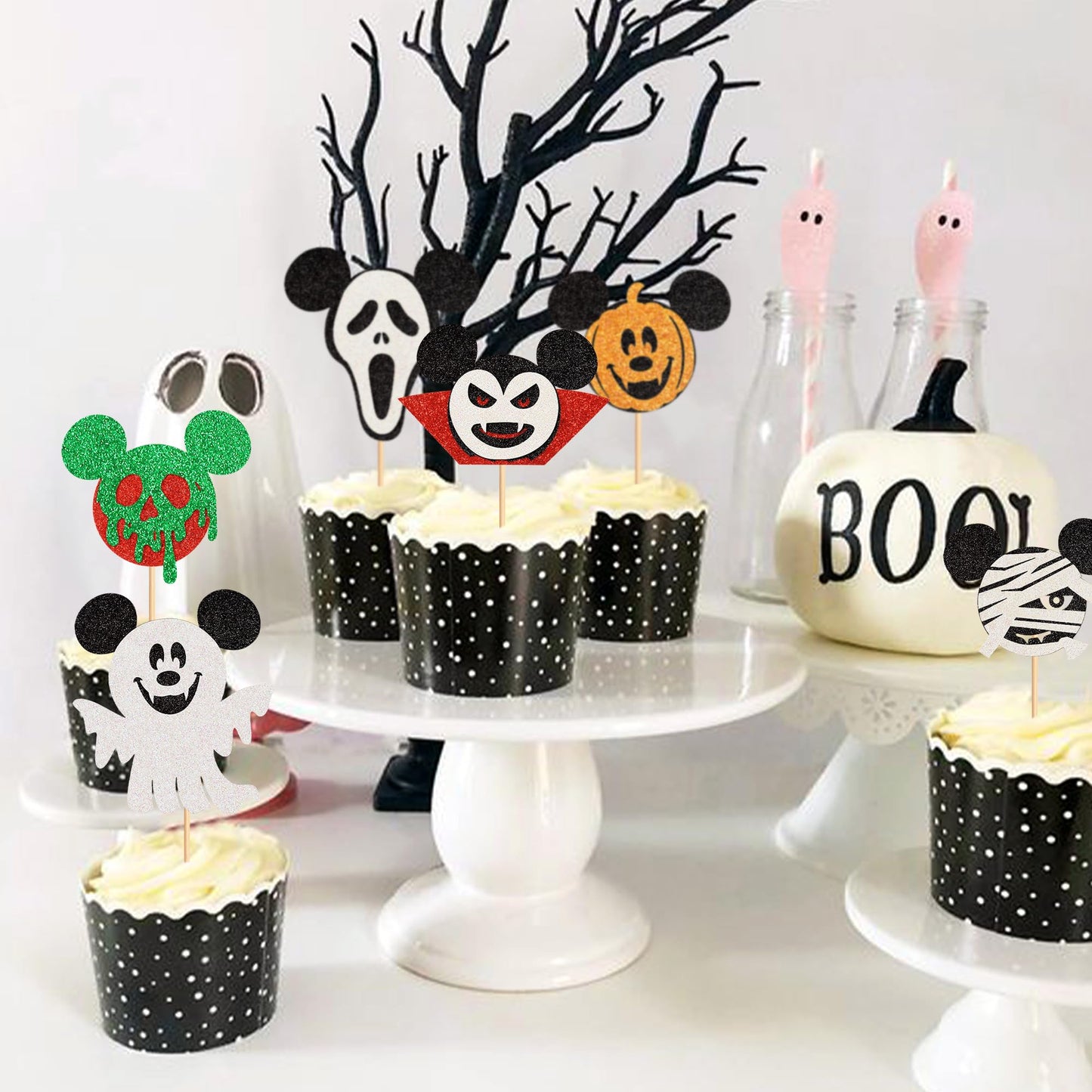 Ercadio 24 Pack Mouse Inspired Halloween Cupcake Toppers Glitter Mouse Ghost Pumpkin Cupcake Picksfor Halloween Theme Baby Showe