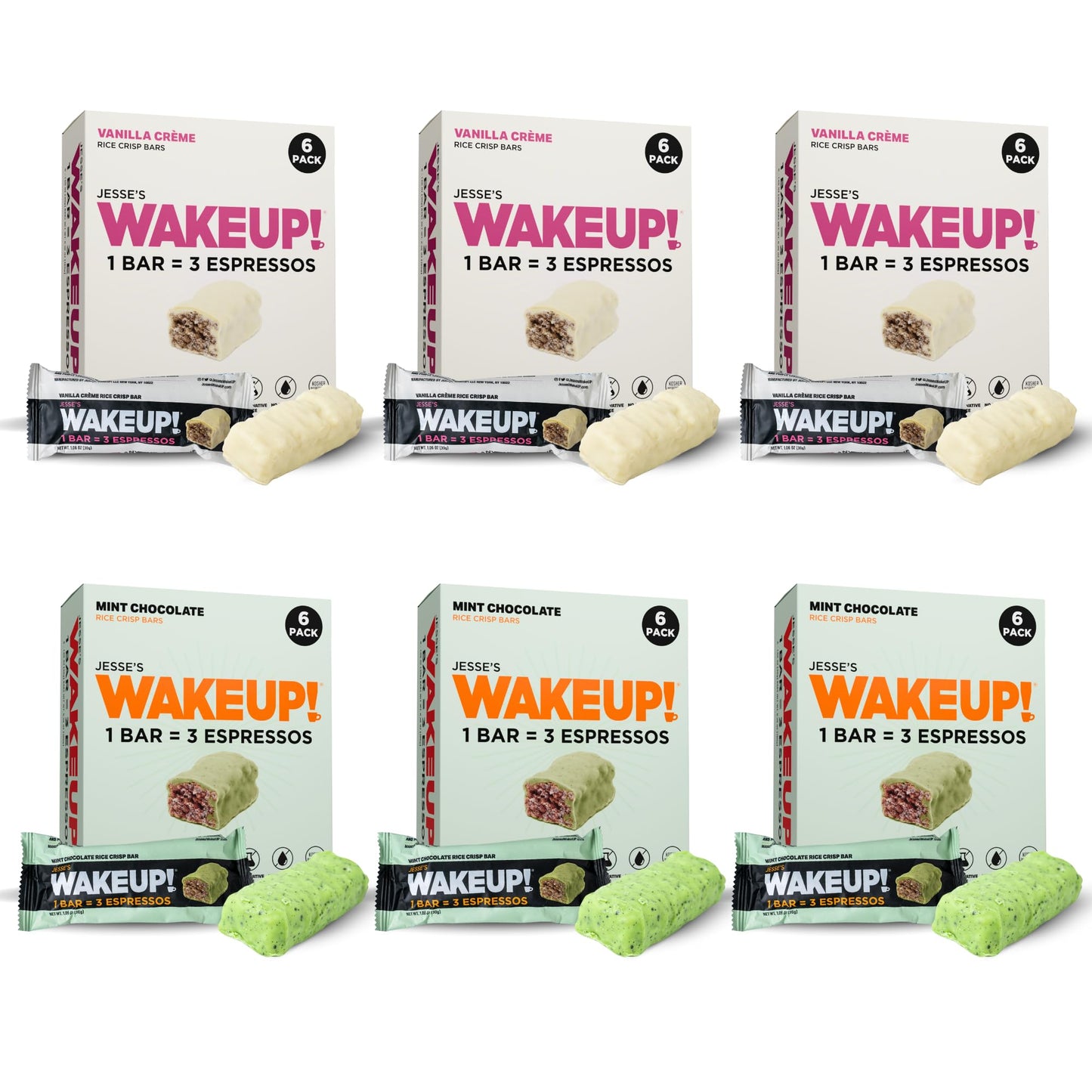 Wake Up! Caffeinated Protein Bars Value Pack - 6 Cartons (36 Bars) - 3 Vanilla Creme & 3 Mint Chocolate - 350Mg Energy Blend (1 Bar = 3 Espressos) - Gluten-Free  Vegetarian  Kosher
