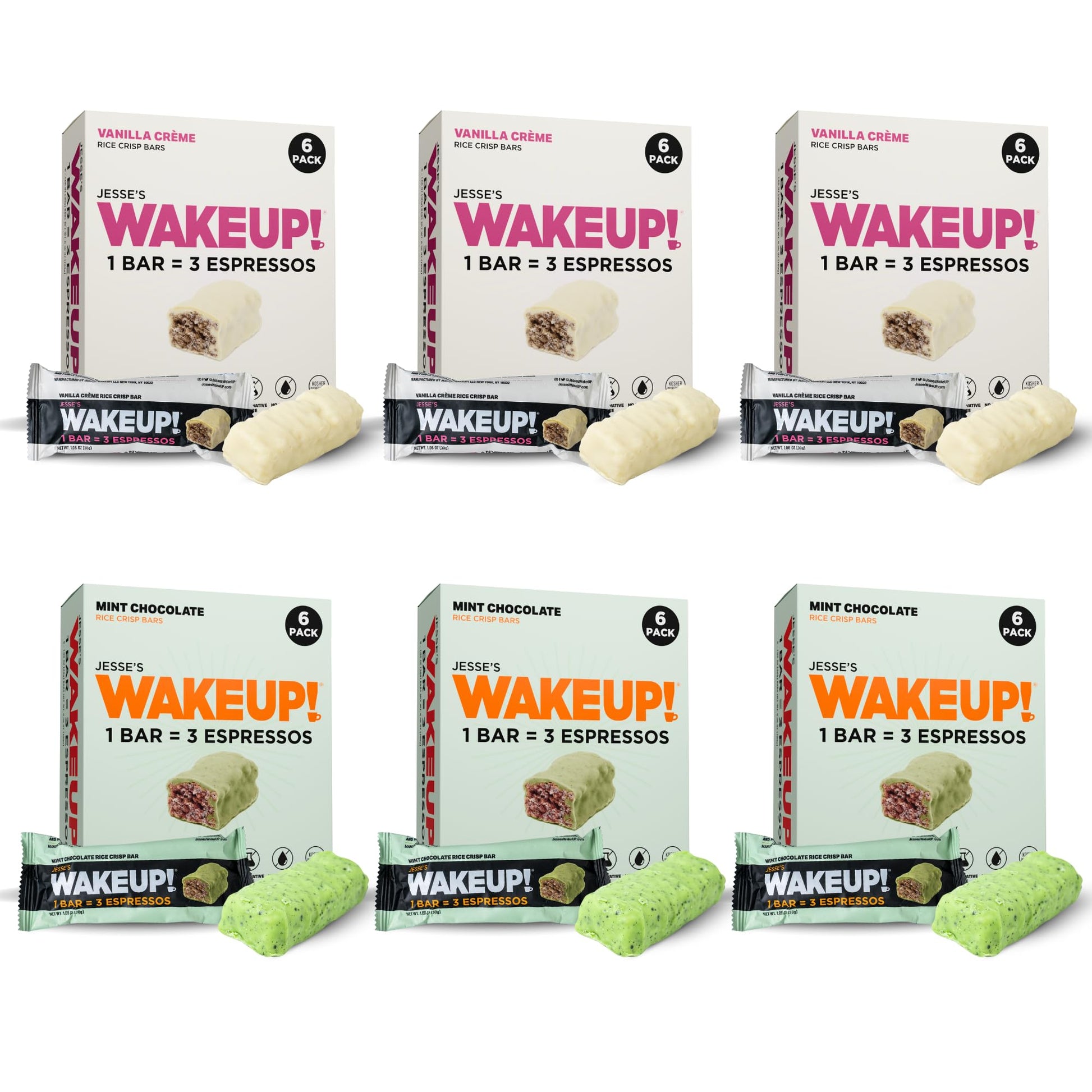 Wake Up! Caffeinated Protein Bars Value Pack - 6 Cartons (36 Bars) - 3 Vanilla Creme & 3 Mint Chocolate - 350Mg Energy Blend (1 Bar = 3 Espressos) - Gluten-Free  Vegetarian  Kosher