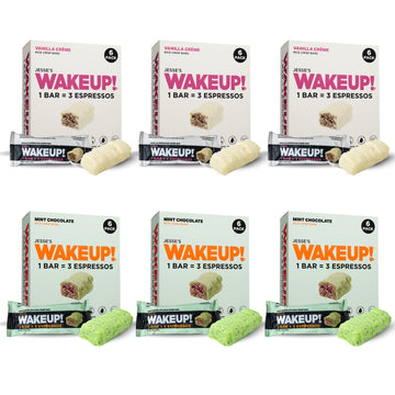 Wake Up! Caffeinated Protein Bars Value Pack - 6 Cartons (36 Bars) - 3 Vanilla Creme & 3 Mint Chocolate - 350Mg Energy Blend (1 Bar = 3 Espressos) - Gluten-Free  Vegetarian  Kosher