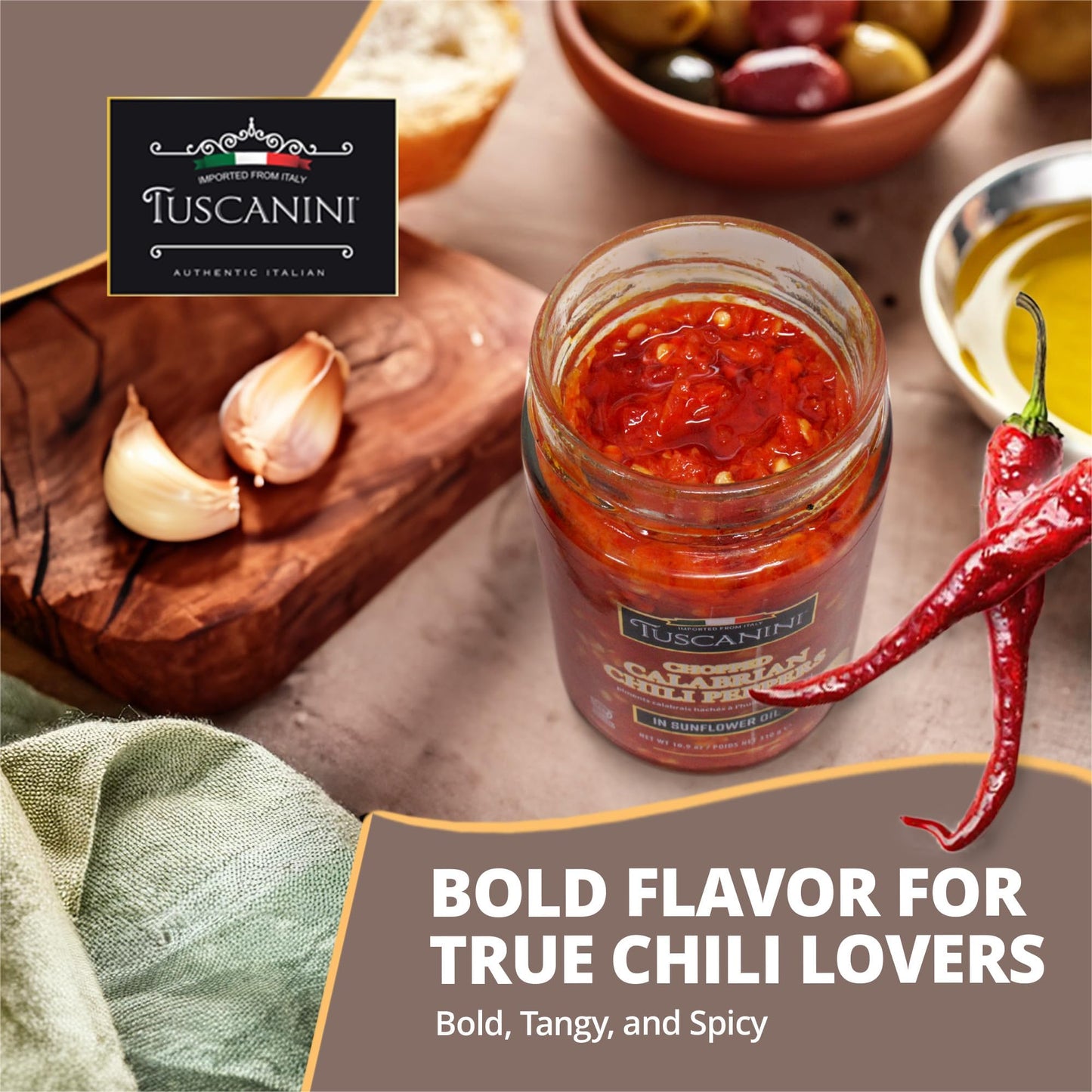 Tuscanini Premium Italian Chopped Calabrian Chili Peppers In Sunflower Oil, 10.9 Oz | All Natural | Nothing Artificial | Crushed