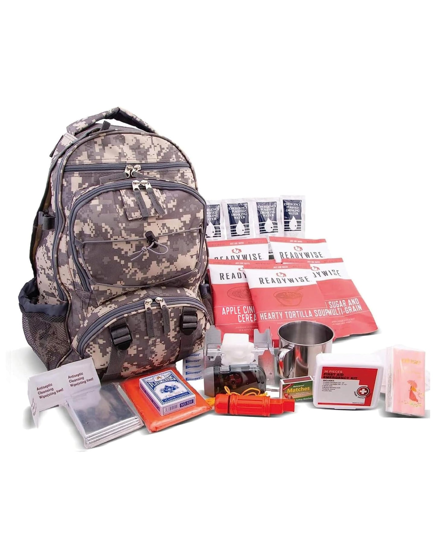 Readywise Emergency Survival Gear – Tactical Military Backpack, Camping Essentials Bug Out Bag & Survival Kit, Prepper & Hurricane Supplies, Meal Pouches With Up To 25 Year Shelf Life, 64 Piece, Camo