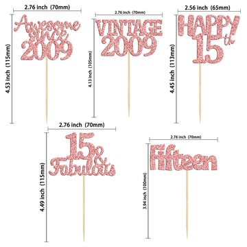 Gyufise 30Pcs Rose Gold Vintage 2009 Cupcake Toppers Glitter Happy 15Th Cheers To 15 Fabulous Sweet 15 Cupcake Picks 15Th Birthd