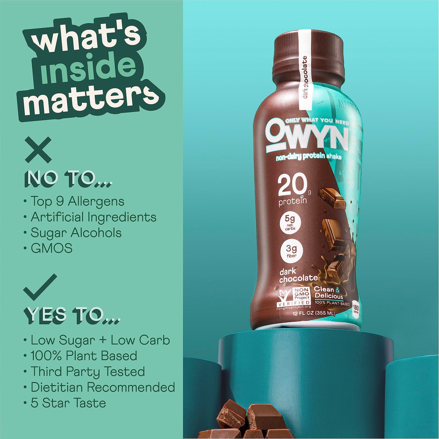 Owyn Only What You Need Vegan Protein Shake, 20G Plant Based Protein From Organic Pumpkin Seed, Organic Flax Oil, Pea, Prebiotics, Gluten And Soy Free (Dark Chocolate, 24 Pack)