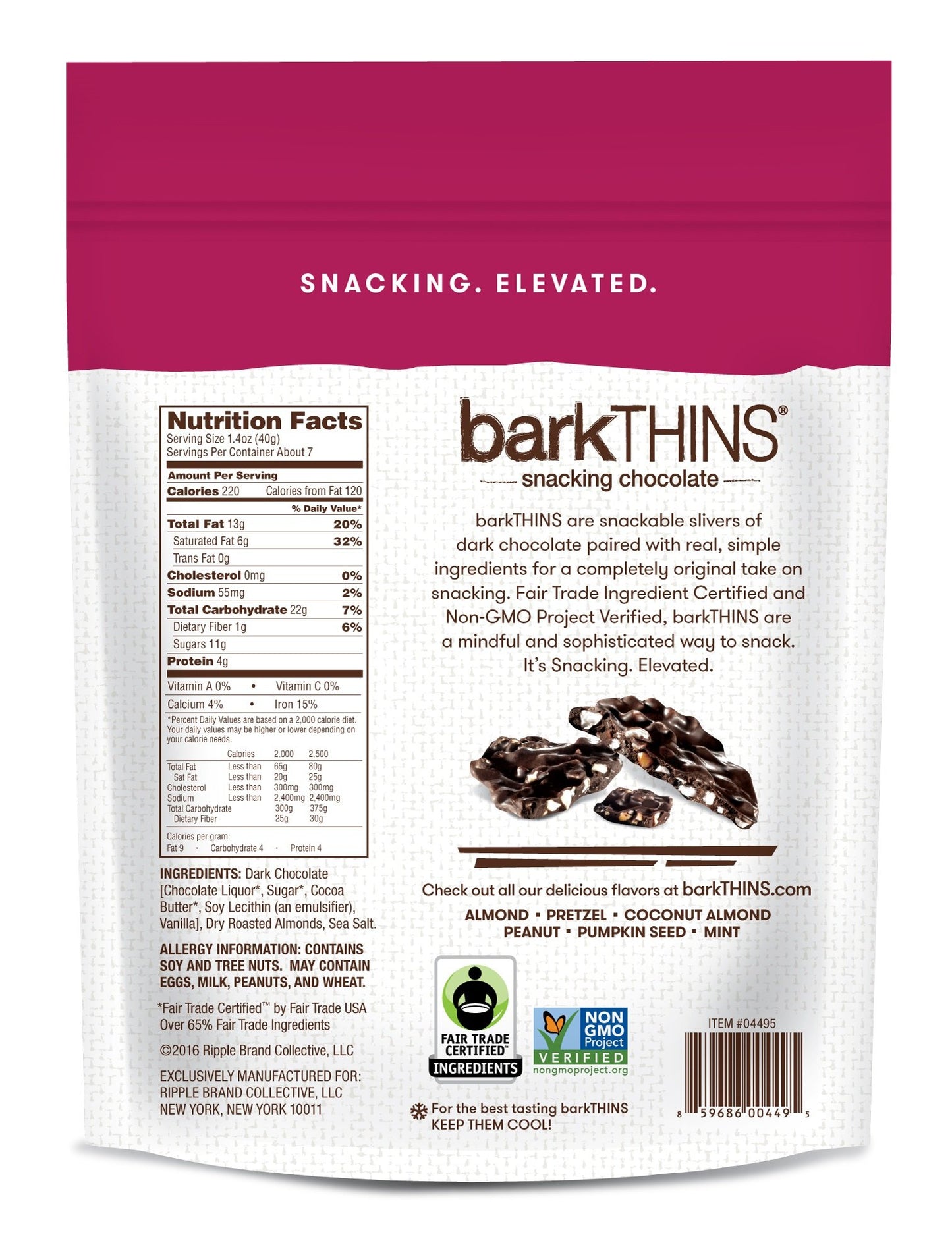 Barkthins Snacking Dark Chocolate, Almond With Sea Salt, 10 Ounce (Pack Of 9)