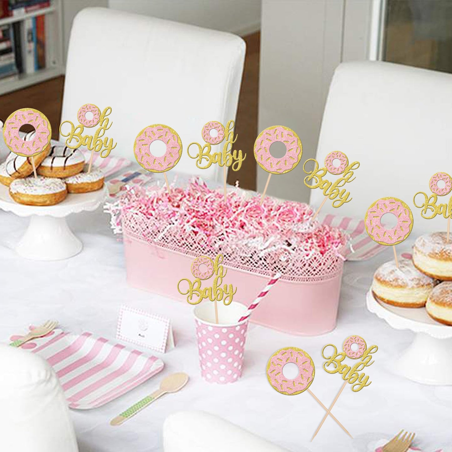 24 Pcs Donut Oh Baby Cupcake Toppers Glitter Oh Baby Donut Cupcake Picks Donut Baby Shower Party Decorations For Sweet Donut The