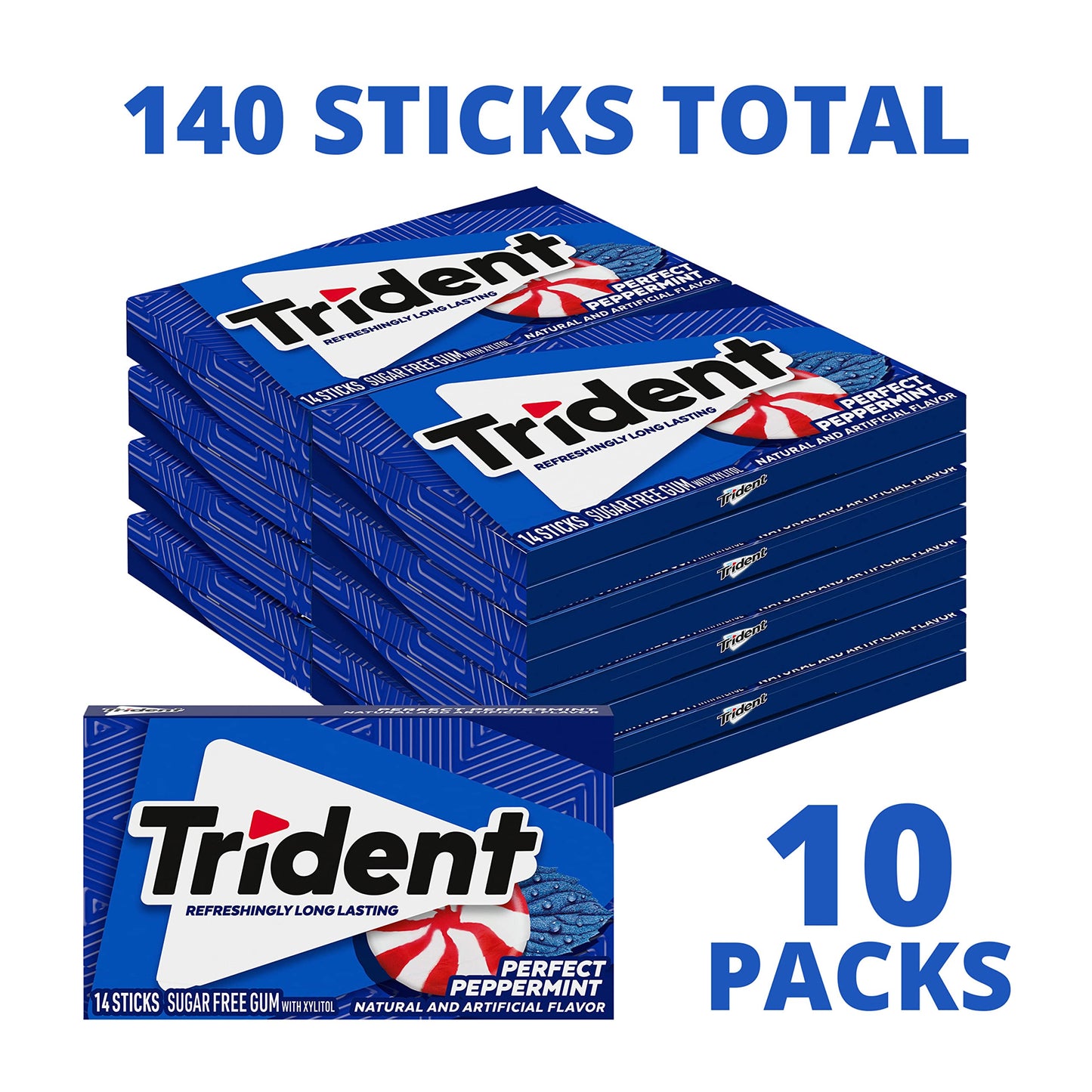 Trident Sugar Free Gum, Perfect Peppermint Flavor, 14 Count, Pack of 10