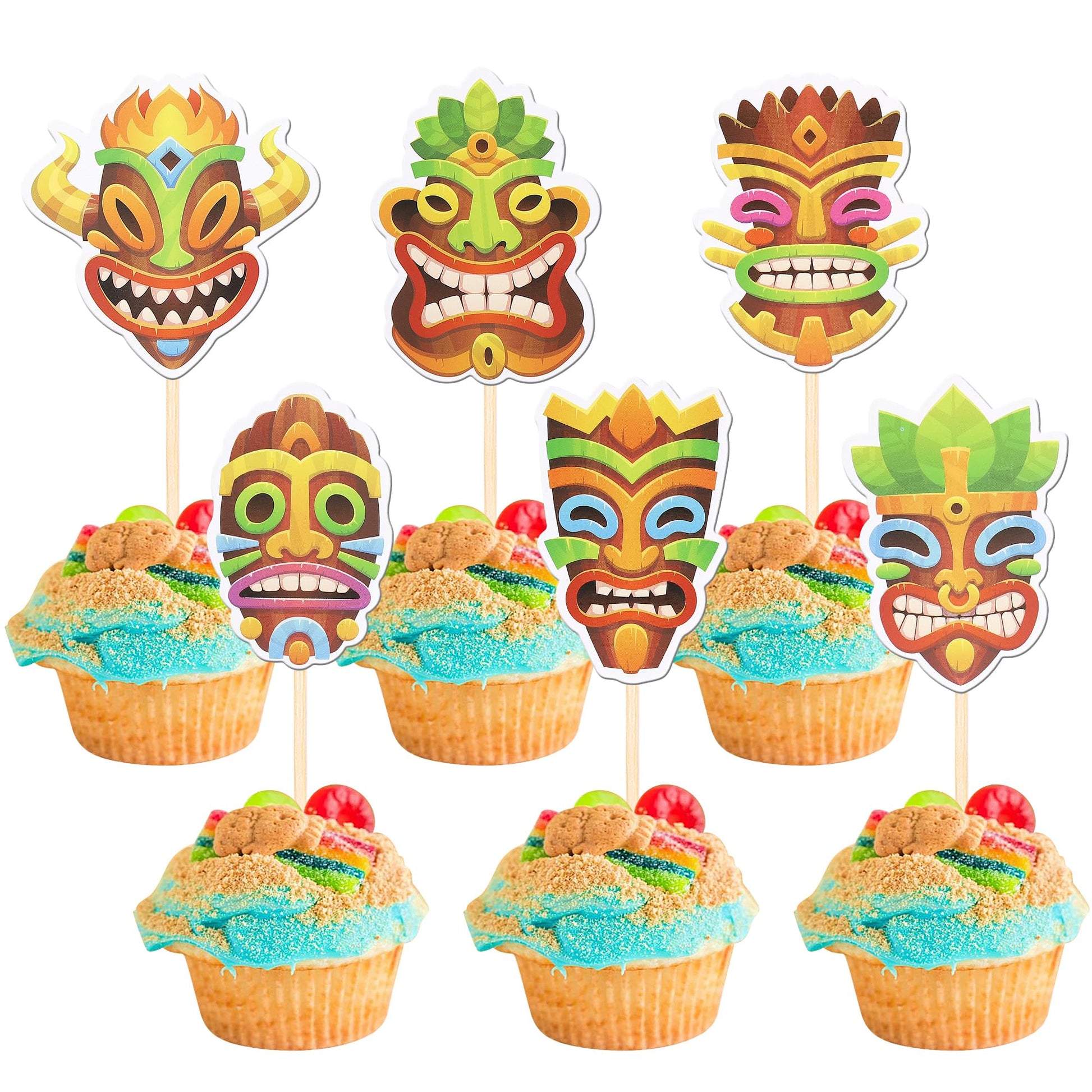 36 PCS Hawaii Tiki Cupcake Toppers Tiki Totem Hawaiian Themed Party Cupcake Picks Hawaiian Luau Cupcake Decorations for Summer T