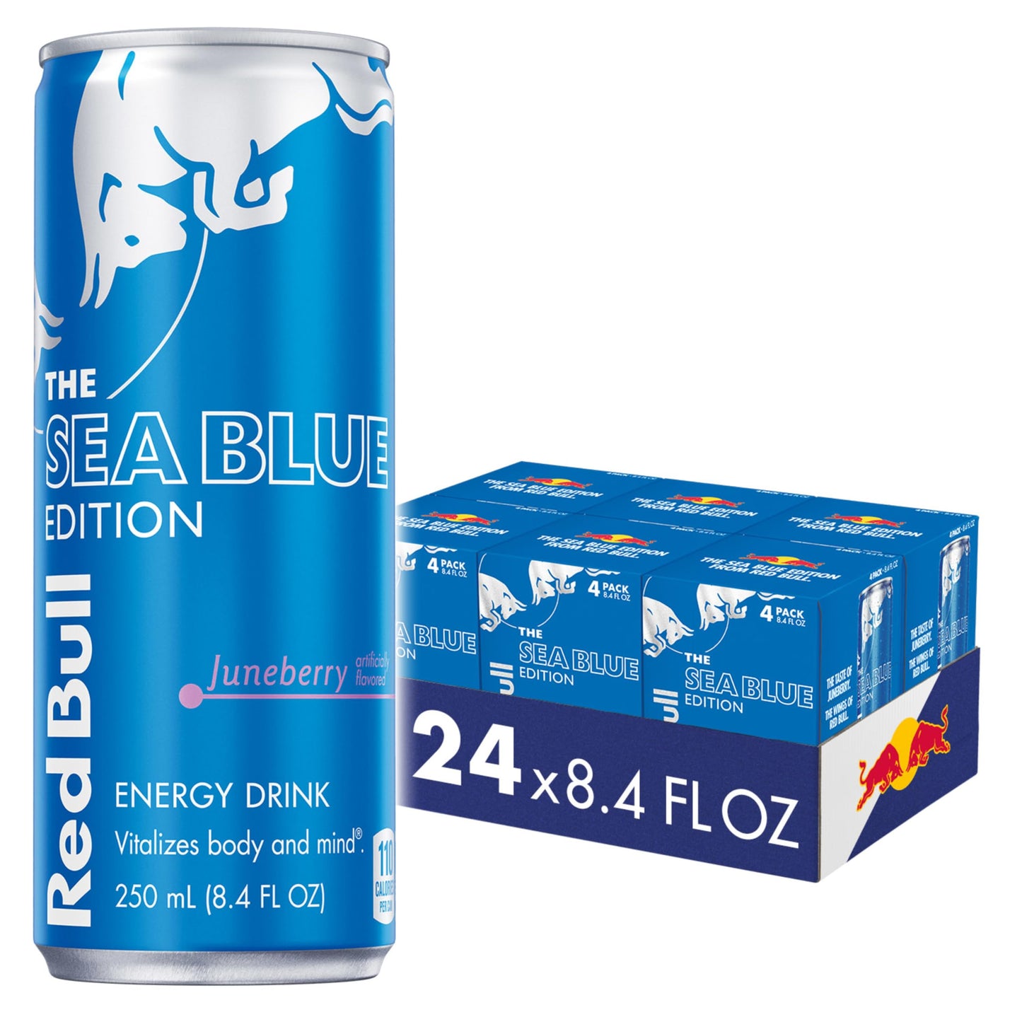 Red Bull Energy Drink, Sea Blue Edition, 80mg Caffeine, 8.4 Fl Oz, Pack of 24 Cans (6 Packs of 4)