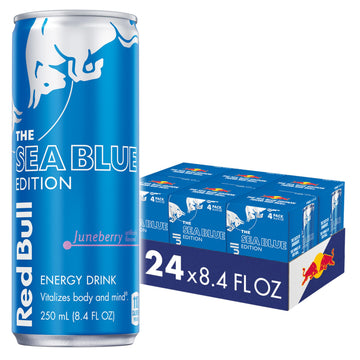 Red Bull Energy Drink, Sea Blue Edition, 80mg Caffeine, 8.4 Fl Oz, Pack of 24 Cans (6 Packs of 4)