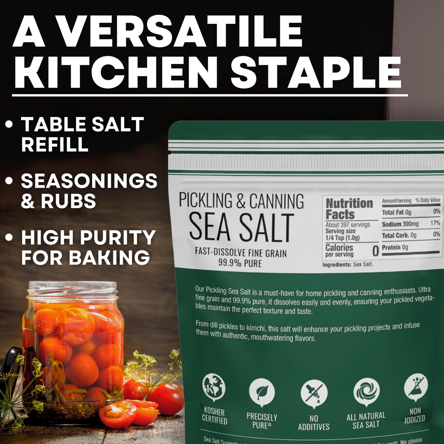 Pickling & Canning Salt, Pickling Salt & Curing Salt for Natural Preserving, Fine Sea Salt & Kosher Salt for Brining, Non-Iodize