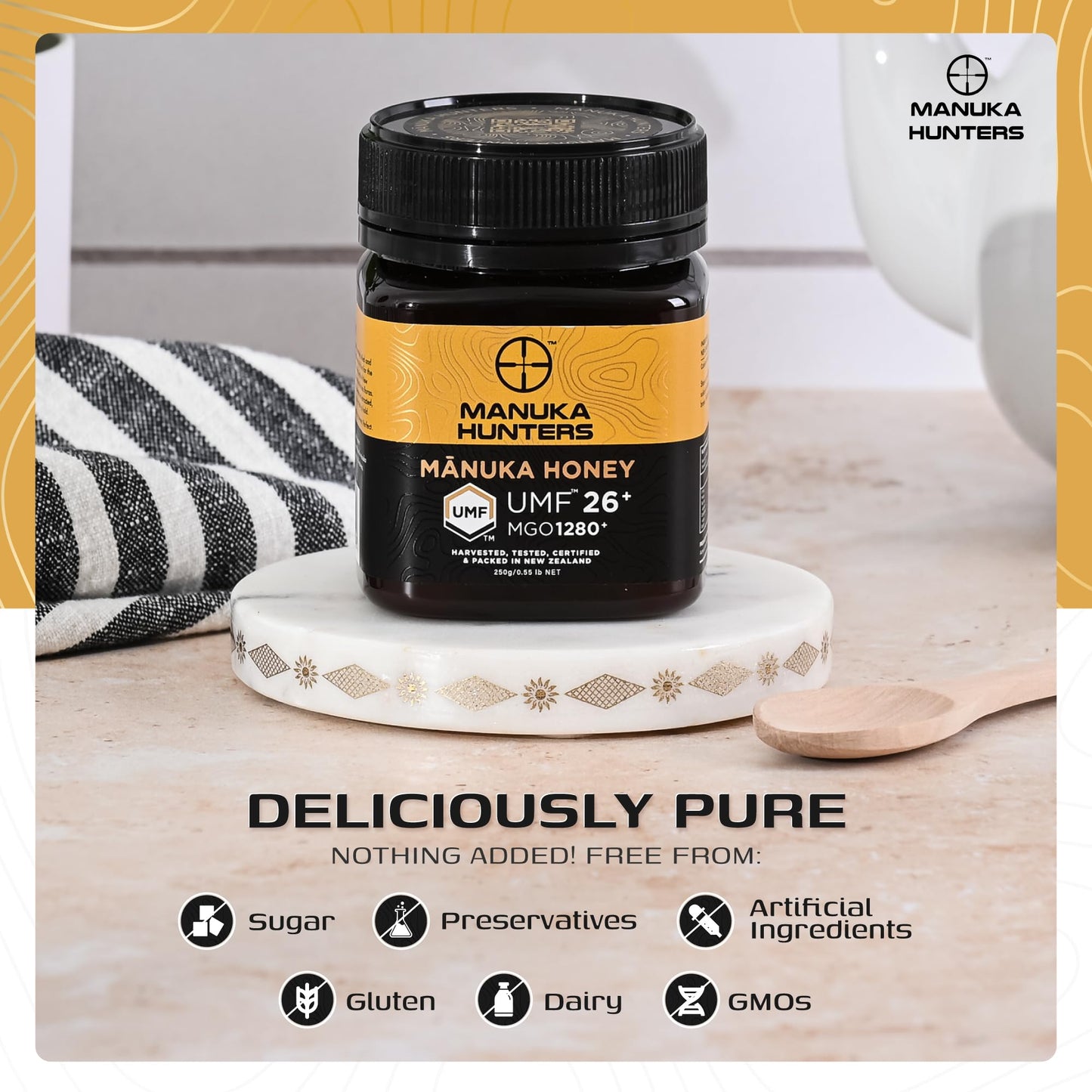 Manuka Hunters Manuka Honey UMF 26+/MGO 1280+ 100% Pure Natural Sweetener 8.8oz/250g Jar Gluten & Dairy Free