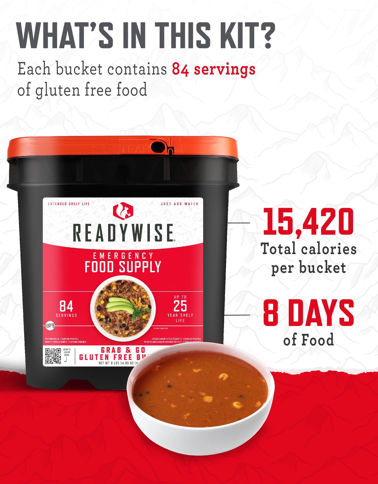 Readywise - Gluten Free Bucket, 84 Servings, Emergency, Mre Meal Food Supply, Premade, Freeze Dried Survival Food For Hiking, Ad