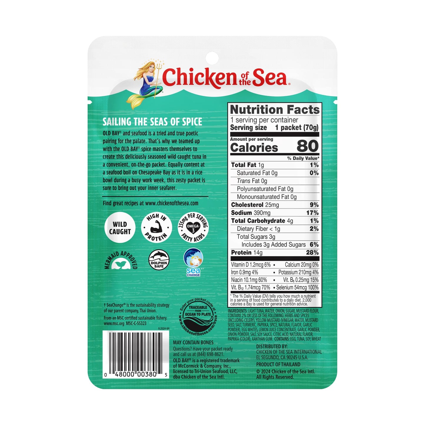 Chicken of the Sea Wild Caught Light Tuna, 2.5 oz. Packets (Box of 12), OLD BAY Seasoning