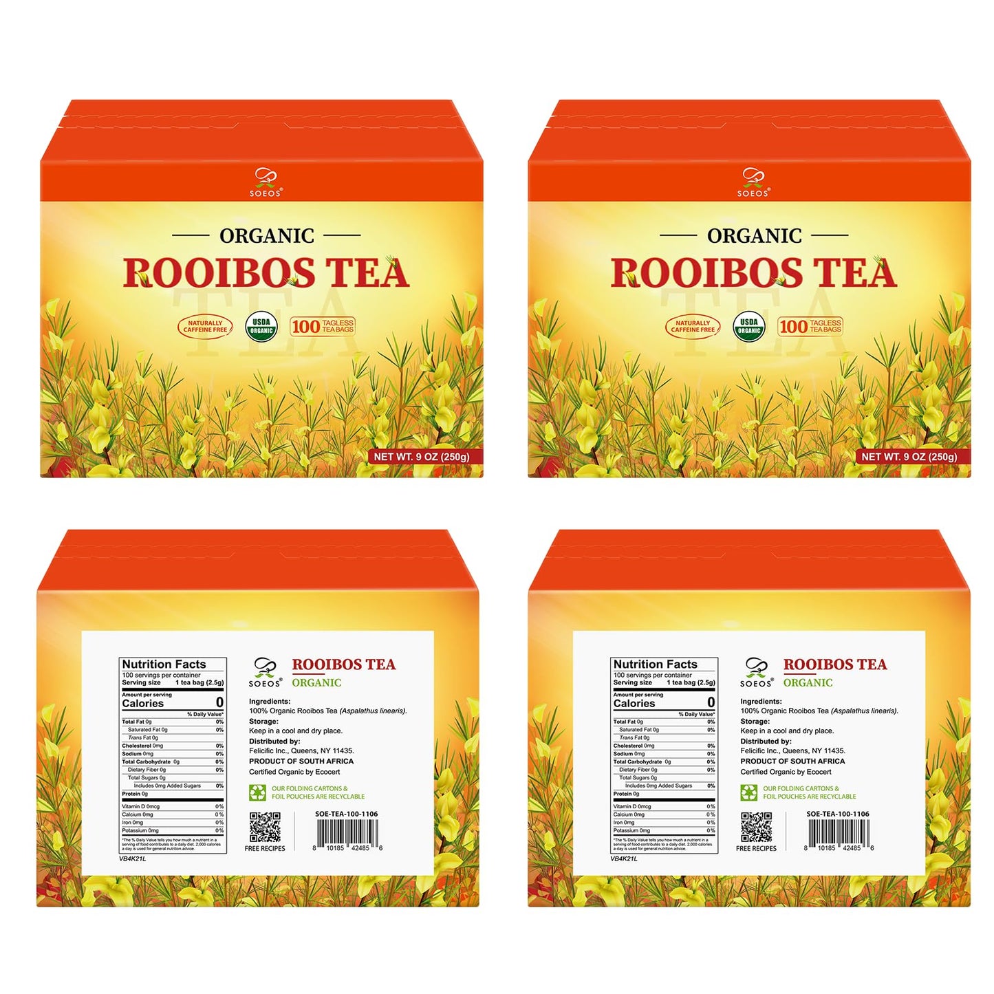 Soeos Organic Rooibos Tea  200 Teabags (2 Packs)  Naturally Caffeine Free  USDA and Non GMO Certify  Smooth and Robust Flavor  Excellent for Hot or Iced Brew  18oz (500g)