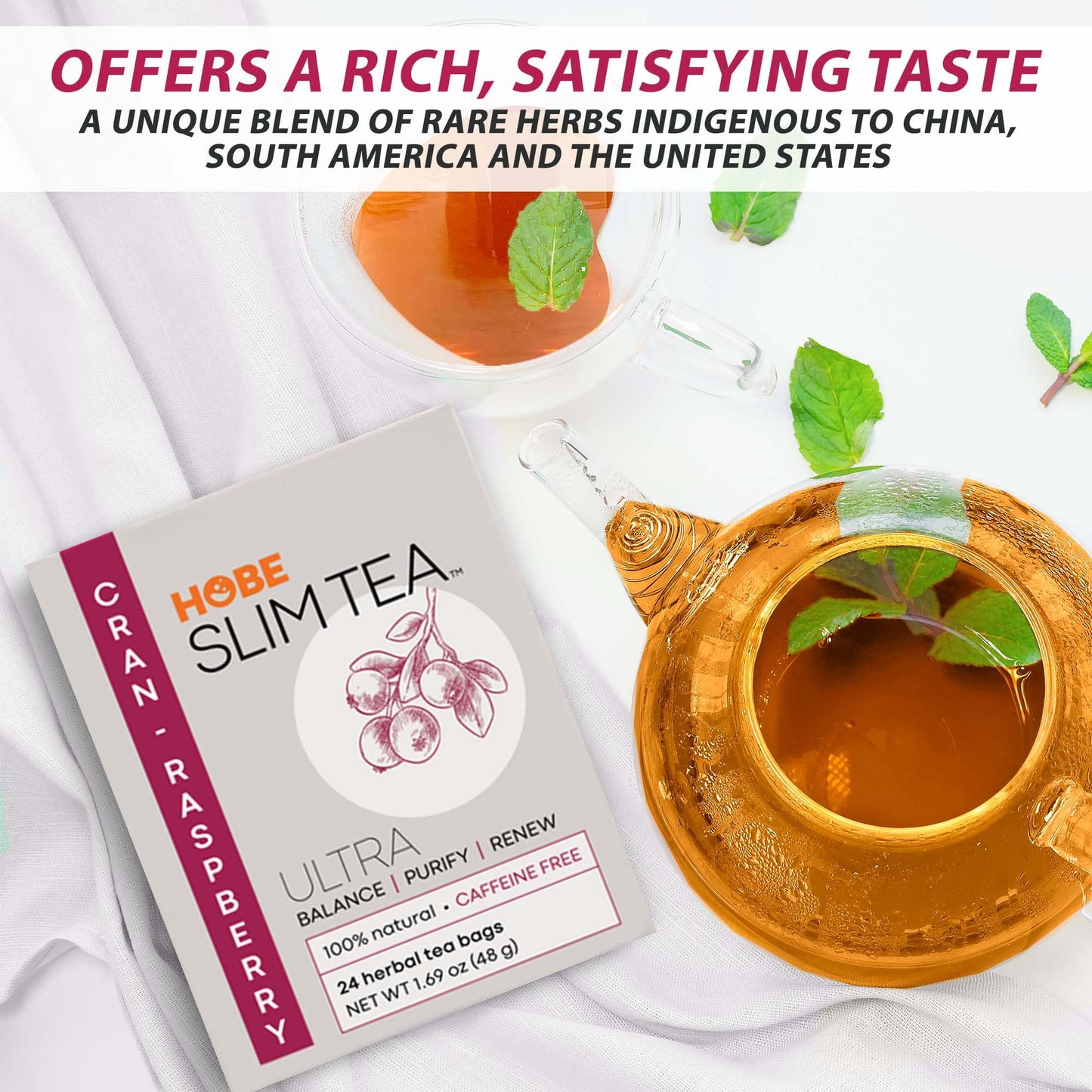 Hobe Labs Cran-Raspberry Tea - Natural Herbal Infusion For Body Balance And Refreshment - Caffeine-Free (24 Tea Bags)