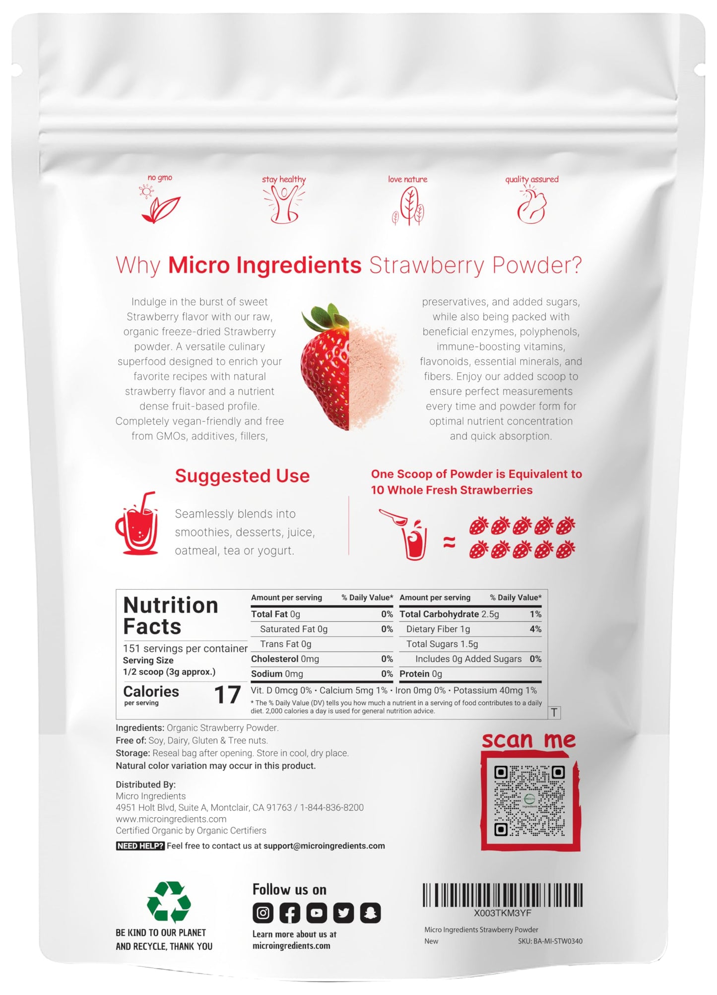 Organic Strawberry Freeze Dried Powder, 12 Ounce (56 Serving), Strawberry Powder For Baking, Best Super Foods For Smoothie & Beverage Blend, Non-Gmo, Vegan