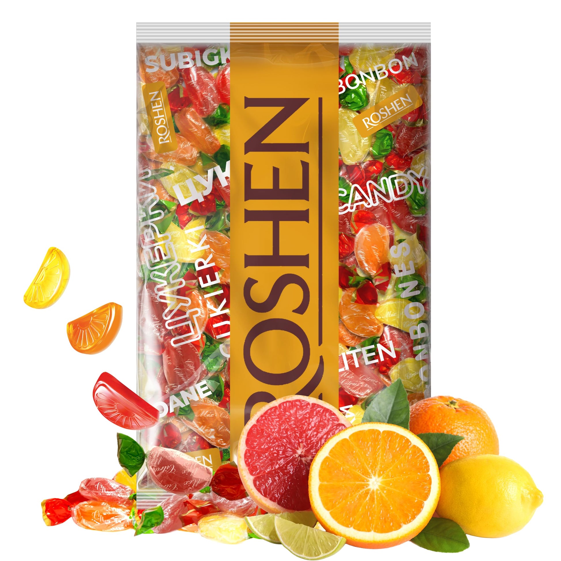 Roshen Citrus Mix Hard Candy - Assorted Fruit Flavors  Individually Wrapped  Bulk 2.2 lbs (1 kg) - Approx. 144 Pieces - Orange  Lemon & Gfruit - Kosher  Halal  Made with Real Fruit Juice